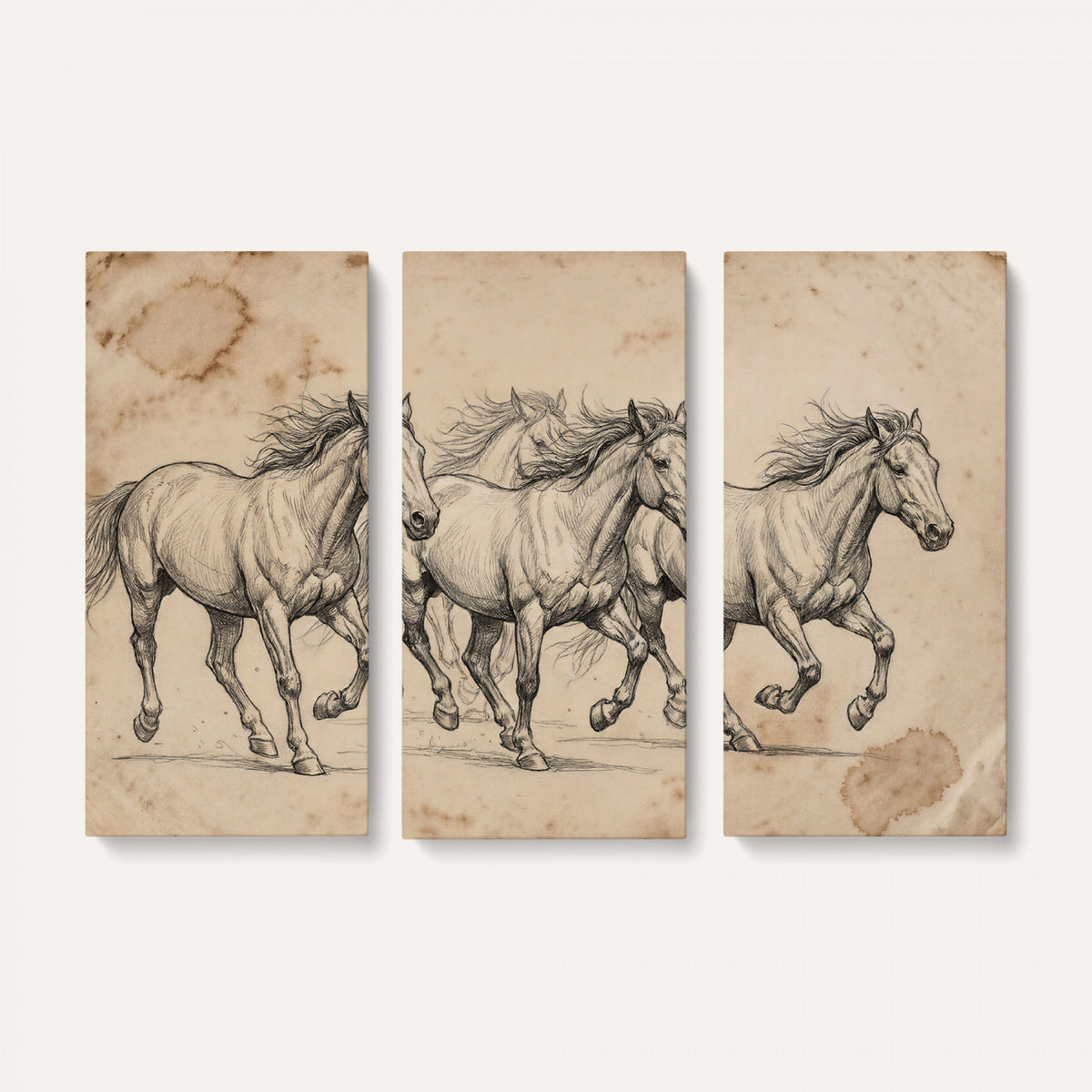 56046981-MGV-CV-36X24 - Sepia Wild Horses Canvas Art, Antique Pencil Drawing Print, Vintage Gallery Wall Decor, Rustic Equestrian Artwork, Traditional Den Gift