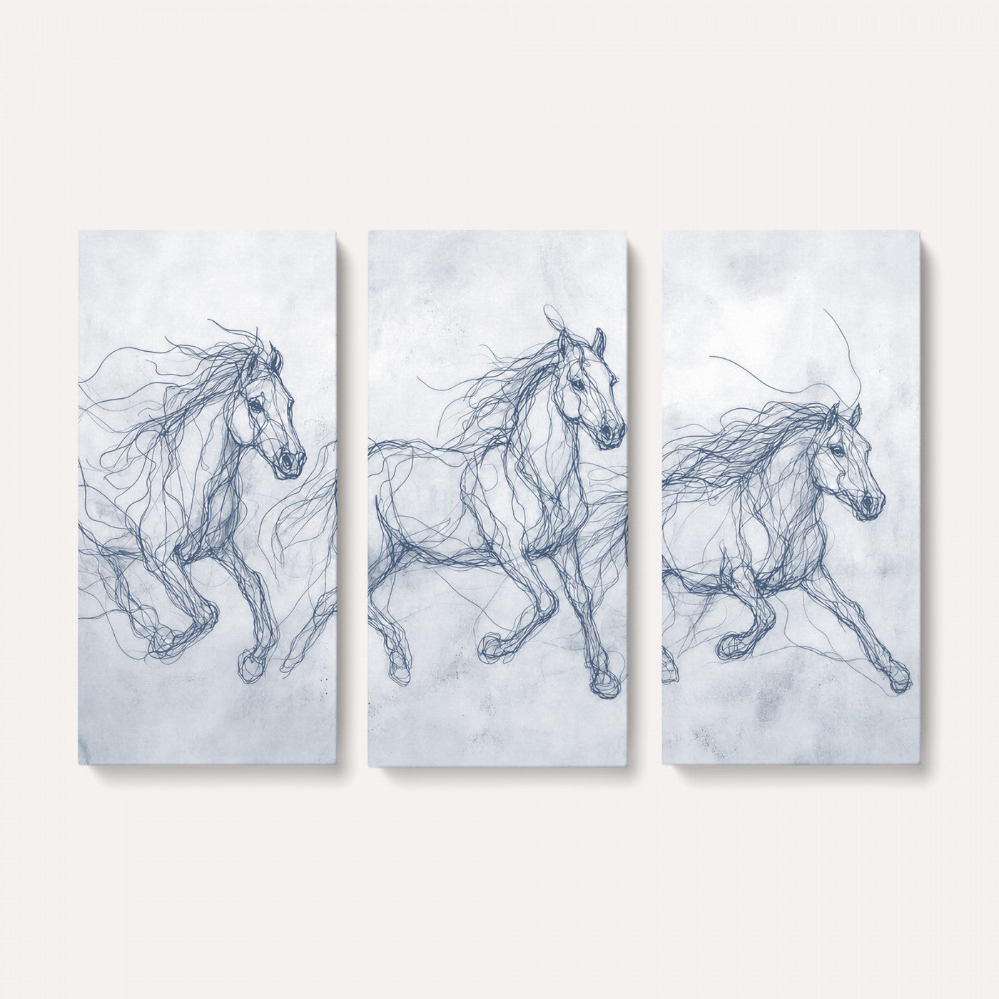 41163601-MGV-CV-36X24 - Indigo Blue Horse Line Art Canvas, Steel Grey Wild Horses Print, Abstract Navy Scribble Artwork, Modern Slate Equine Wall Decor, Coastal Ranch Gift