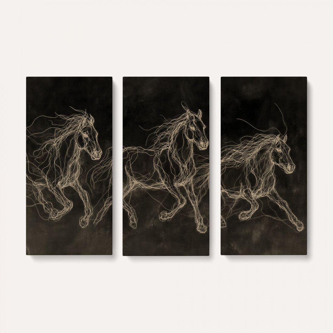 Dark Horse Line Art Canvas, Gold Scribble Wild Horses Print, Black Chalkboard Style Decor