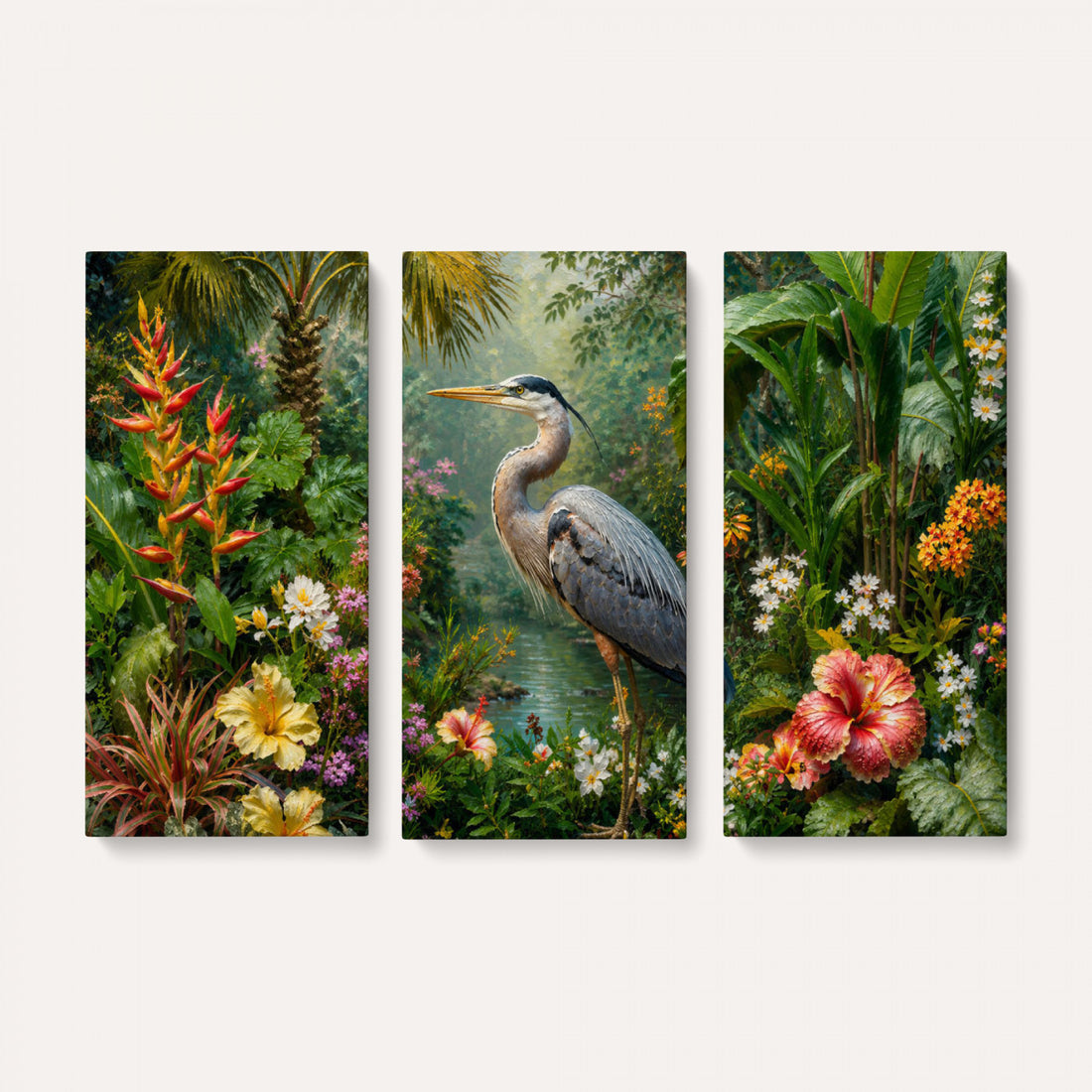 Great Blue Heron Tropical Jungle Wall Art Canvas Print, Exotic Botanical Garden Print