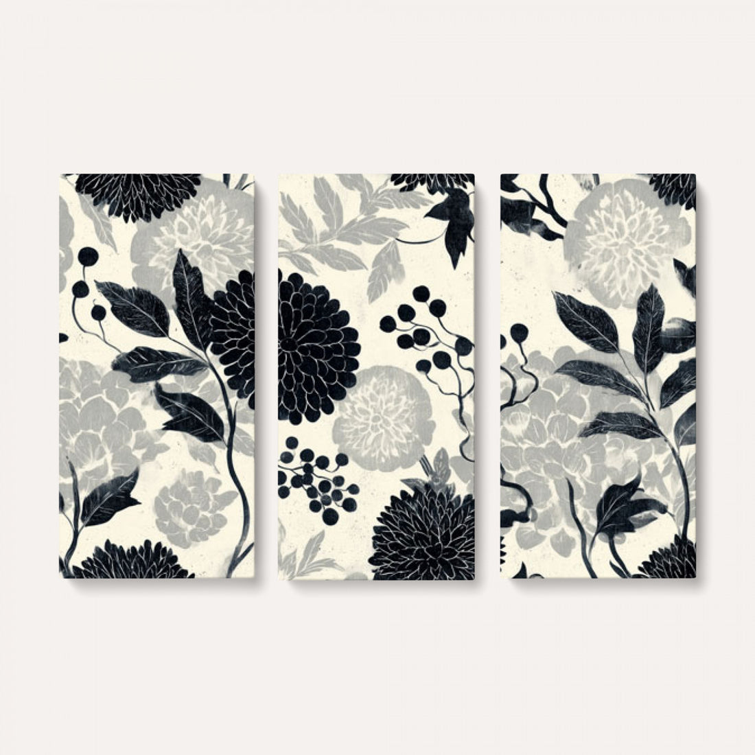 Vintage Black Chrysanthemum Wall Art Canvas Print, Monochrome Dahlia Floral Print