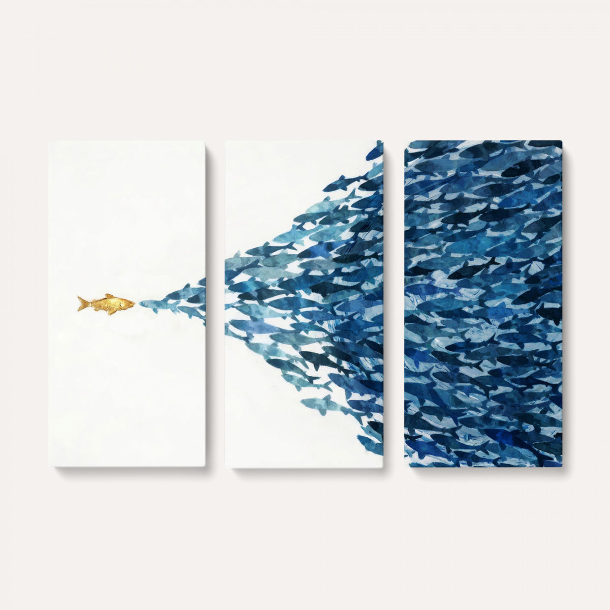 79089639-MGV-CV-36X24 - Abstract Blue Fish School Canvas Wall Art, Gold Foil Accent Marine Print