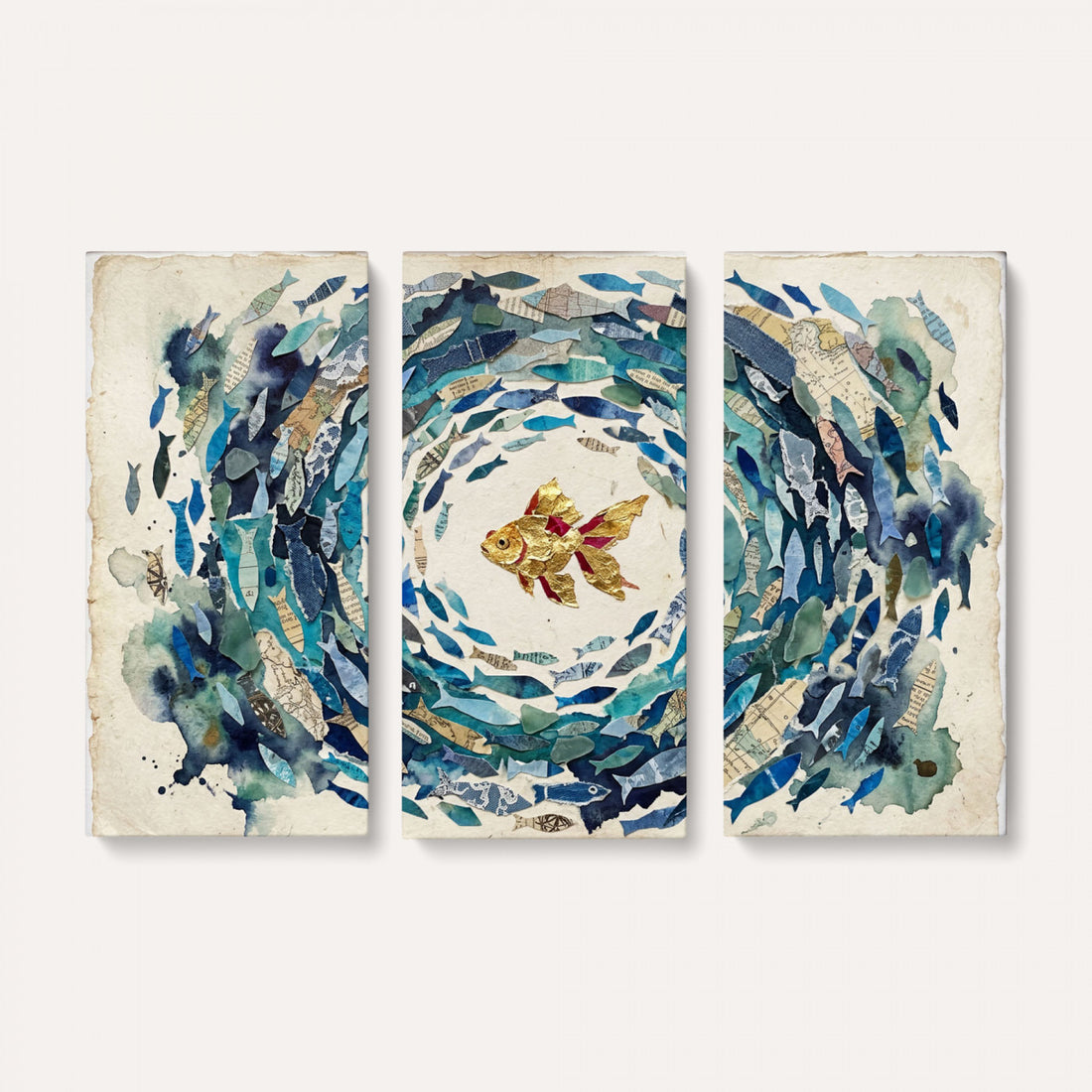 Mixed Media Blue Fish Swirl Canvas Wall Art, Goldfish Collage Ocean Print