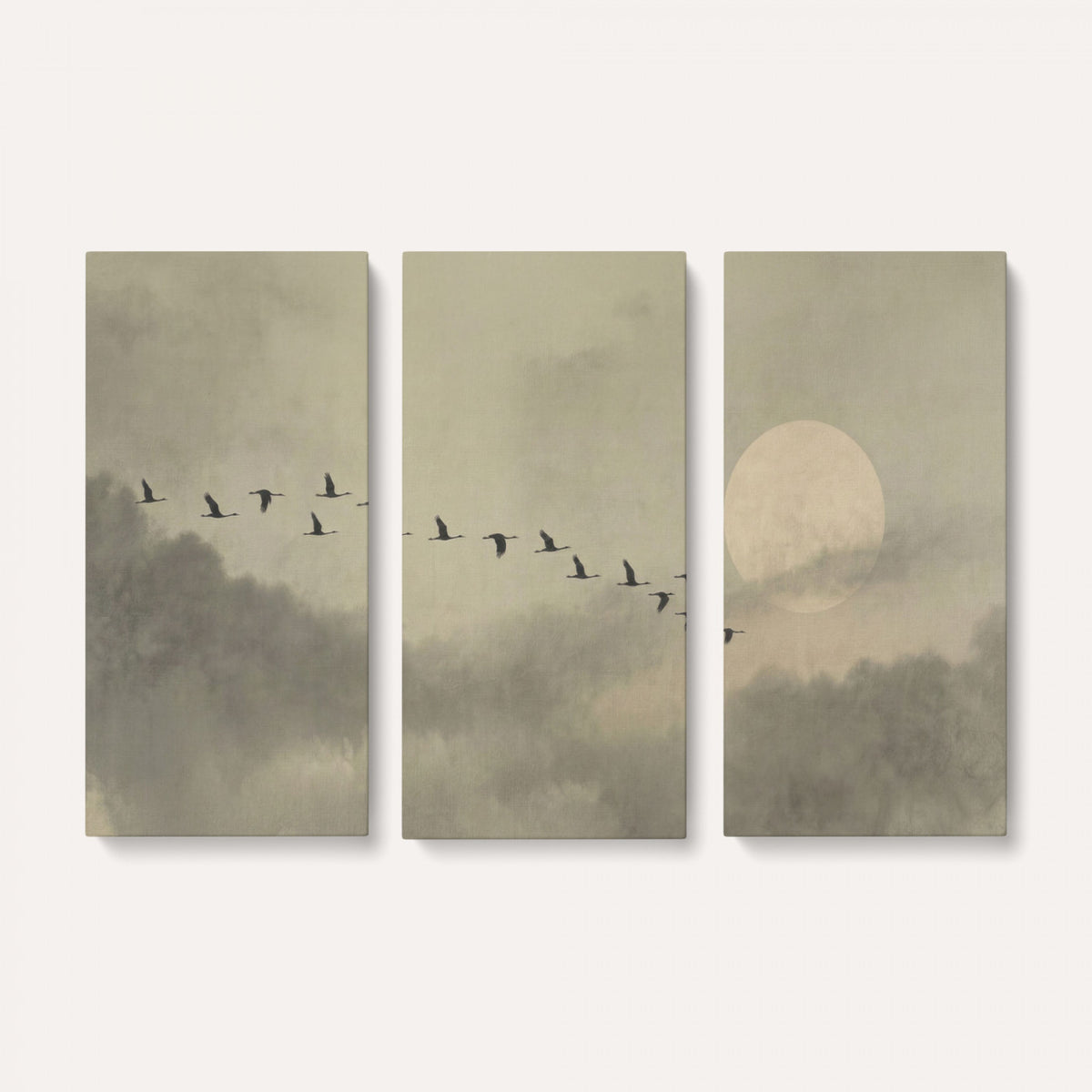 1209814B-MGV-CV-36X24 - Flying Cranes Canvas Wall Art, Misty Landscape with Moon, Sage Green Japandi Decor, Framed Print