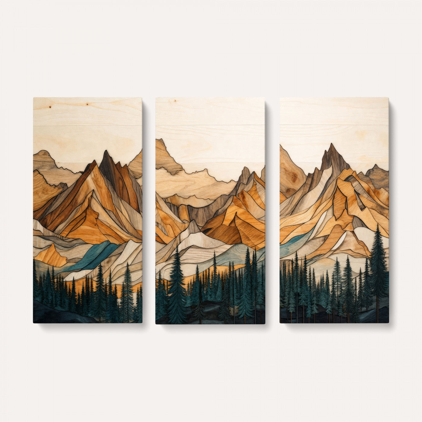 57384313-MGV-CV-48X32-3P - Mountain Landscape Canvas Wall Art with Wood Grain Effect, Golden Peaks and Teal Pine Forest, Framed Cabin Decor