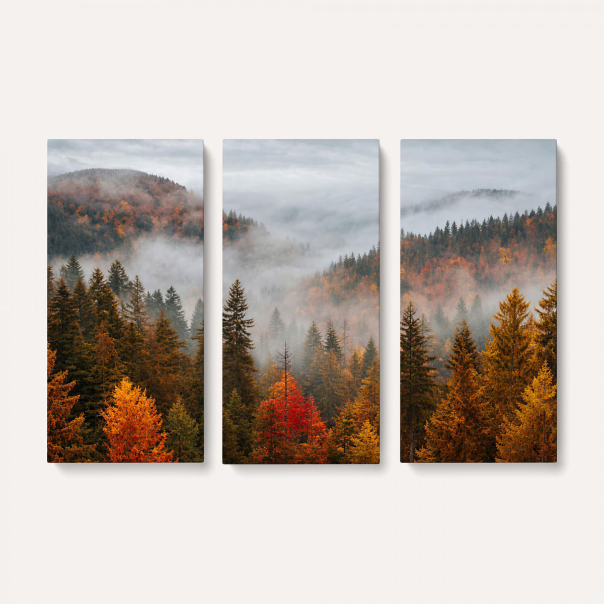 87481341-_Poster-30x20 - Foggy Autumn Mountain Canvas Print Smoky Pine Forest Wall Art Panoramic Nature Poster 3 Piece Made in USA