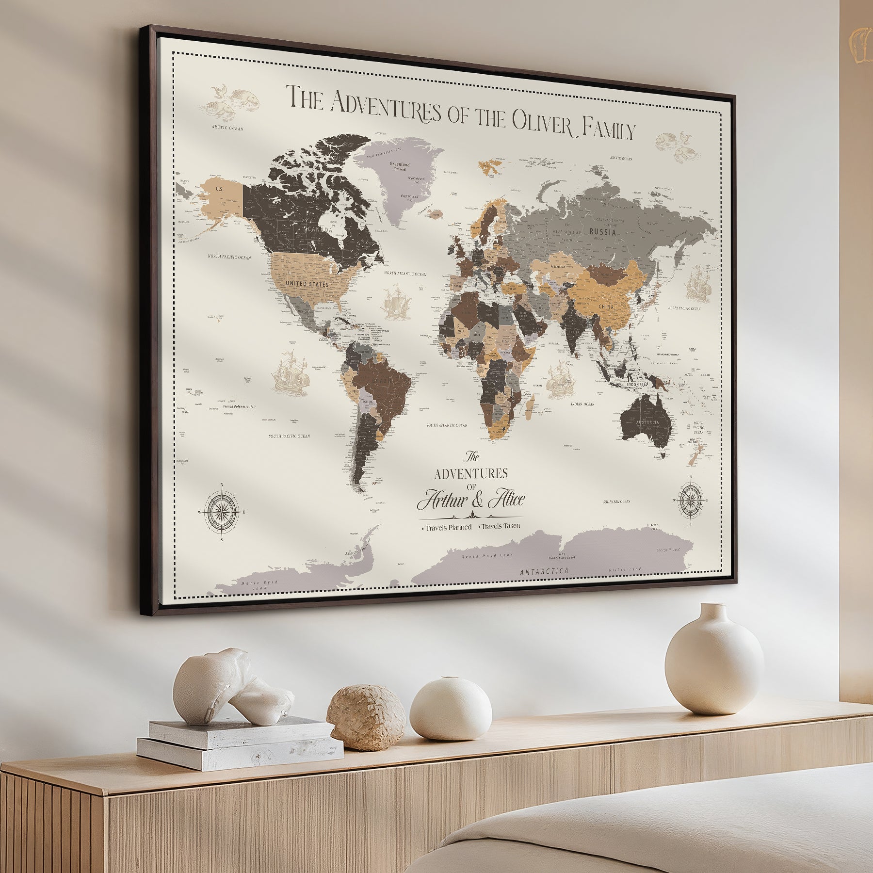 -Personalized Family Adventure World Map Canvas – Custom Framed Push Pin Travel Tracker, Wall Art Gift for Home, Office