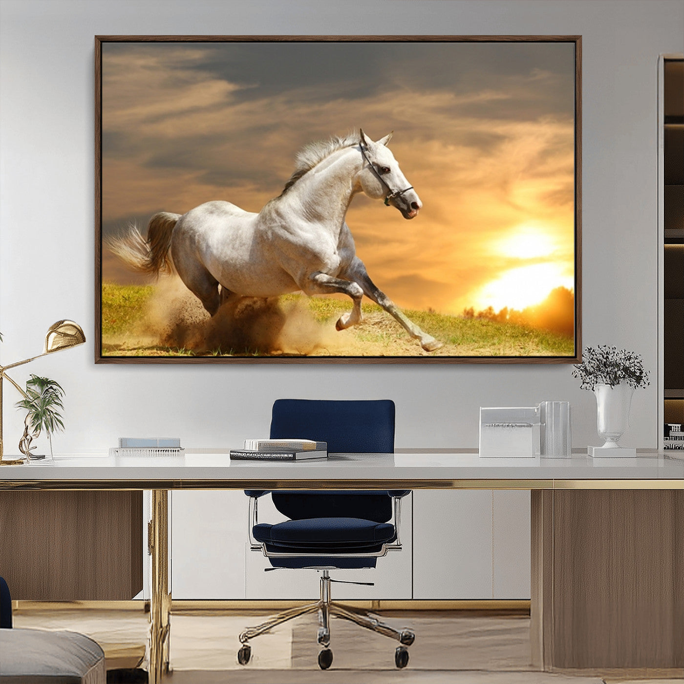 -Large Wall Art Galloping White Horse at Sunset Canvas Print
