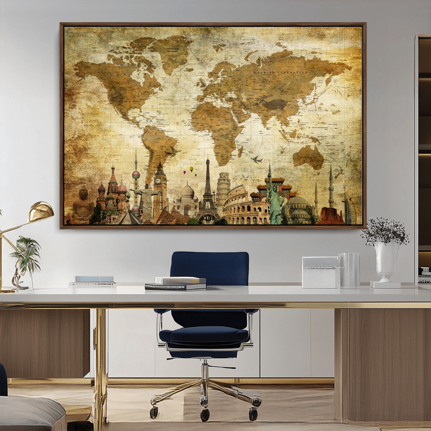 97849-MGV-FC-36X24_Walnut-Vintage World Map Canvas Wall Art – Framed Push Pin Travel Map with Famous Landmarks, Rustic Home and Office Decor Artwork for Travelers