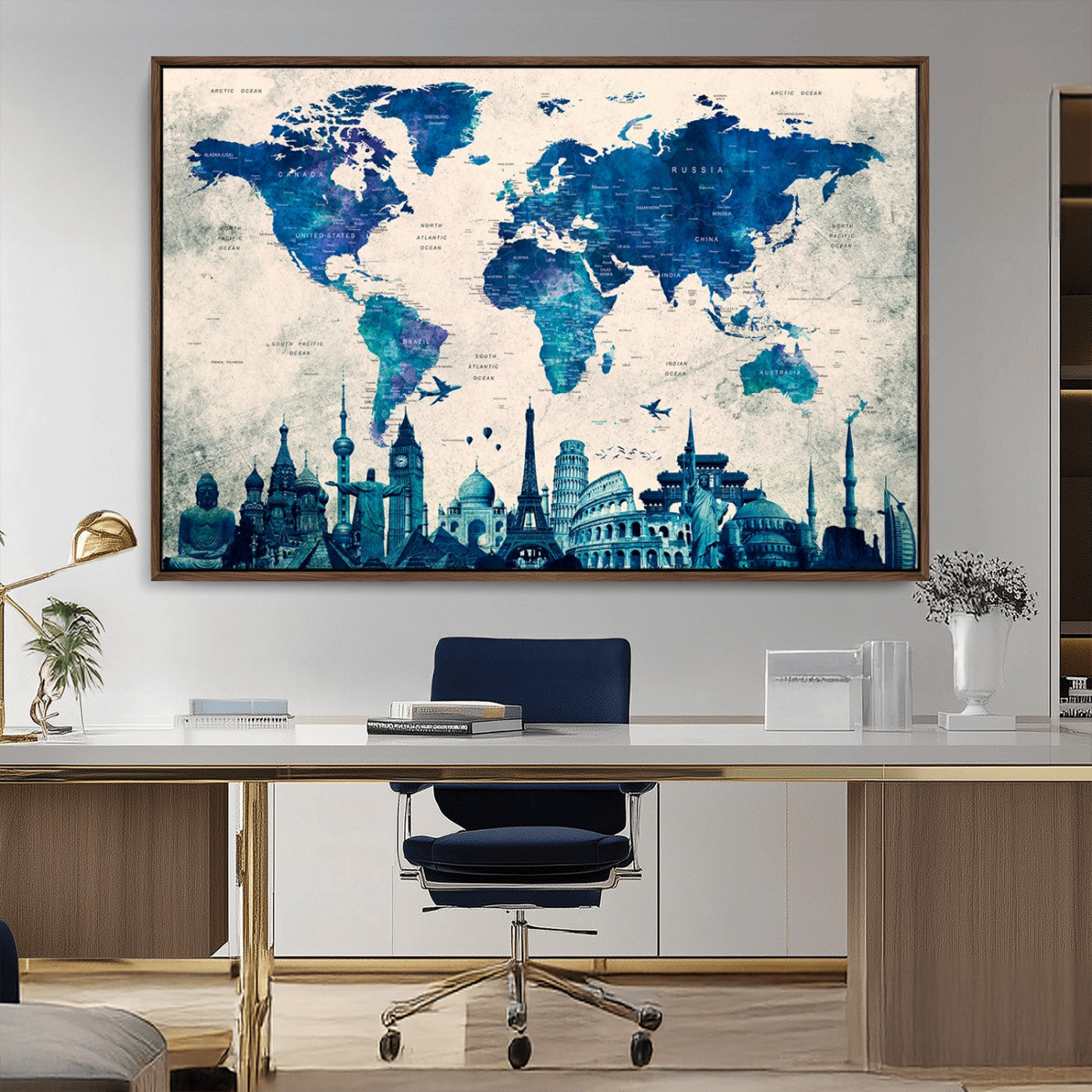 13588-MGV-CV-36X24-Navy Blue World Map Canvas Print – Framed Push Pin Travel Map Wall Art, Elegant Adventure Decor for Home or Office