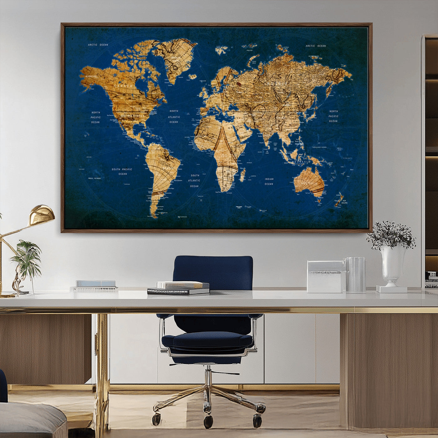 50845-MGV-CV-36X24-Navy Blue and Gold World Map Canvas Print – Framed Luxury Push Pin Wall Art, Elegant Vintage Travel Map Decor for Home or Office