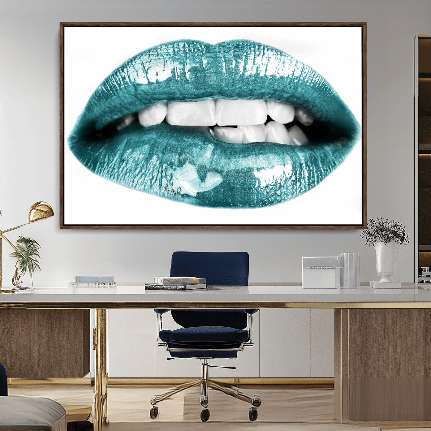 -Blue Lips Wall Art Canvas Print