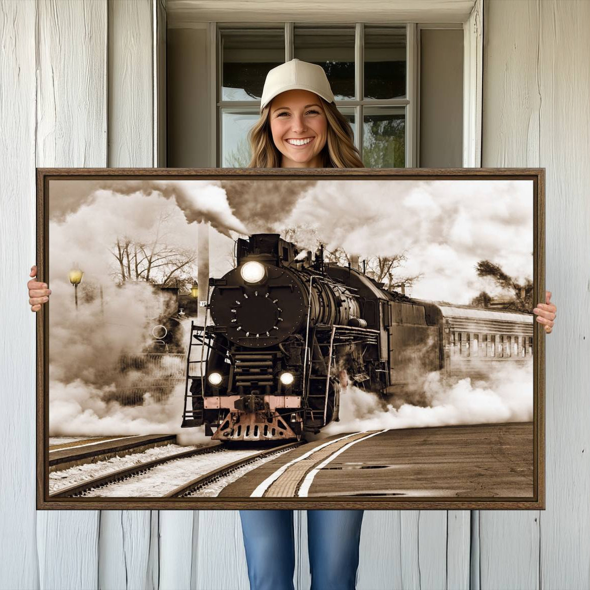 31136-MGV-CV-36X24-Black Steam Train Canvas Wall Art Print Steam Locomotive Art Canvas