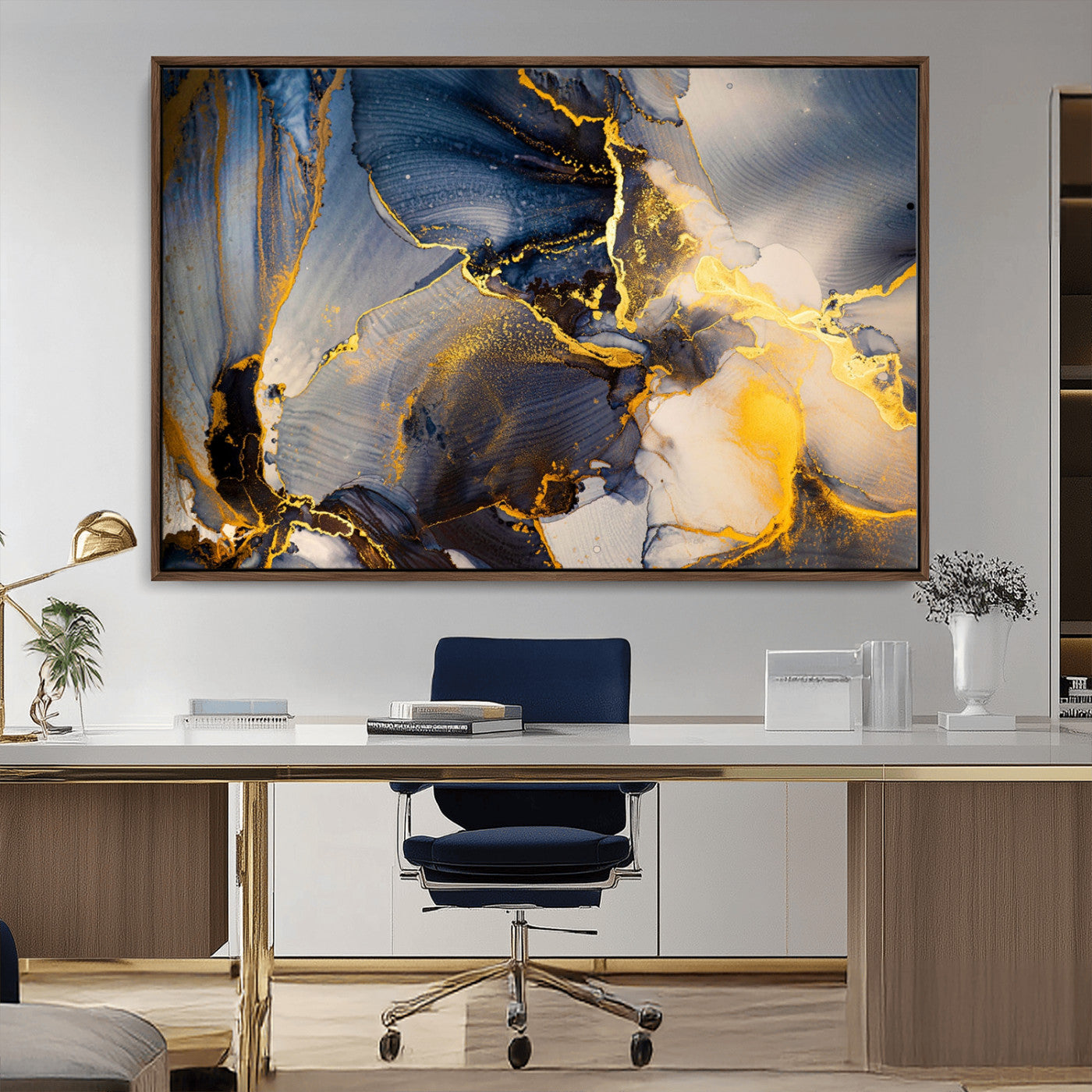 42100-MGV-CV-36X24-Large Abstract Wall Art Print - Gold and Blue Abstract Canvas Wall Art | Fluid Ink Modern Luxury