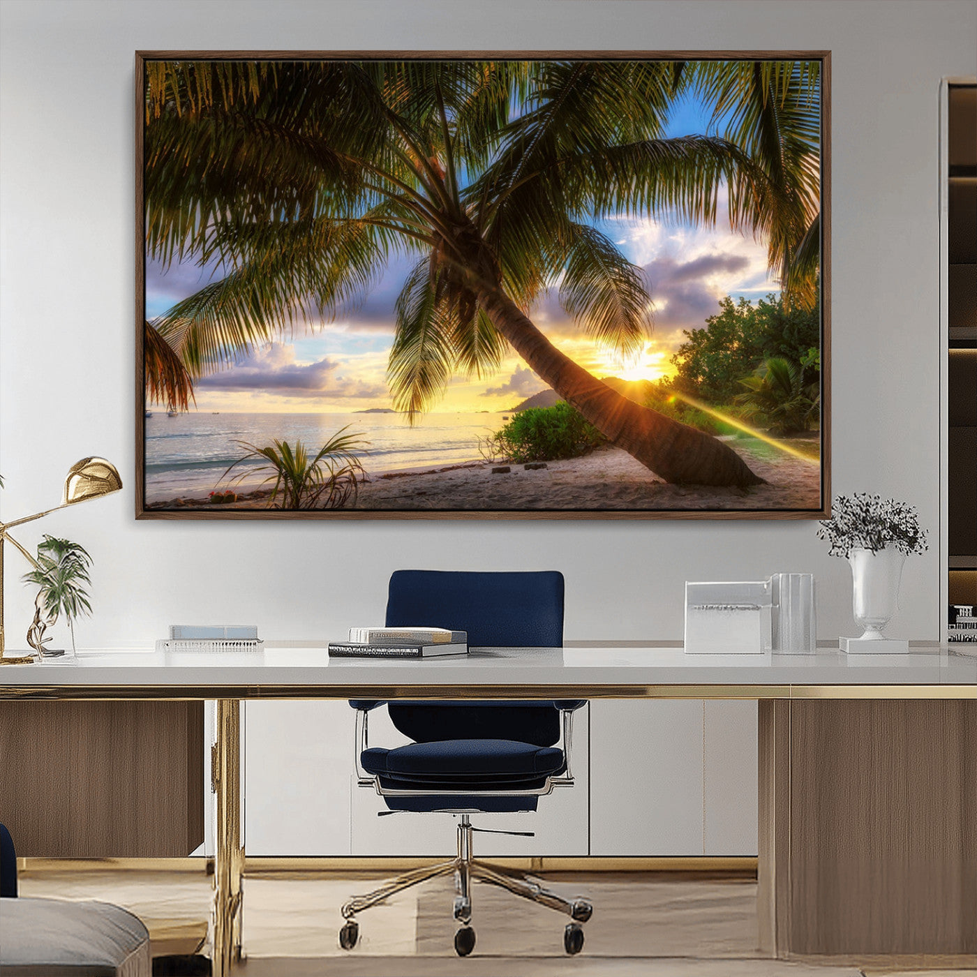 -Tropical Island Sunset on the Beach Palms Wall Art Canvas Print