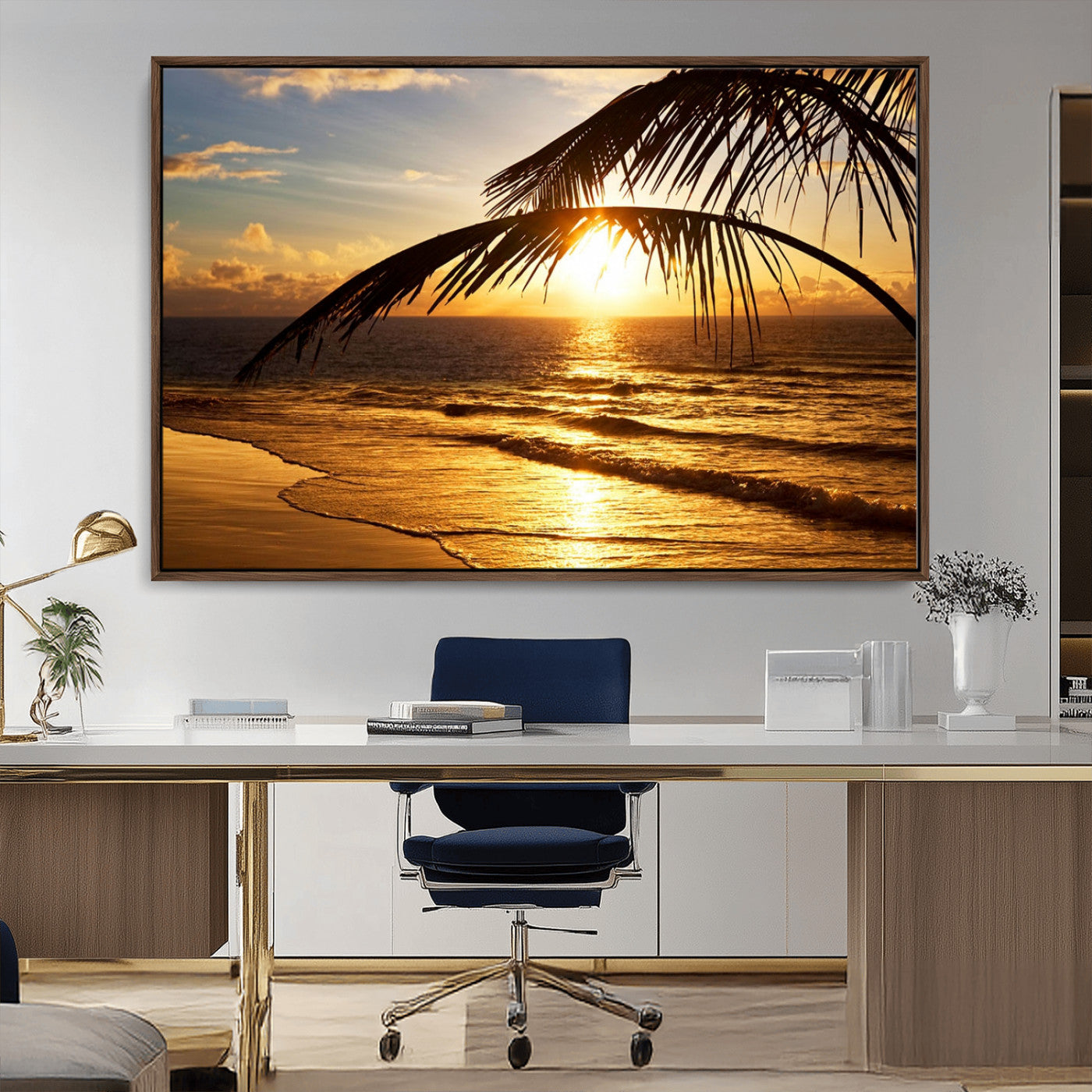 -Golden Tropical Beach Sunset Canvas Triptych, Coastal Palm Tree Wall Art, Ocean Shoreline Giclee