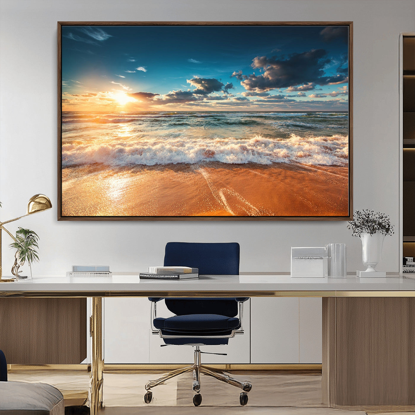 -Golden Sunset Beach Triptych Canvas Art, Giclee Coastal Wall Decor, Ocean Waves Print, Modern Beach