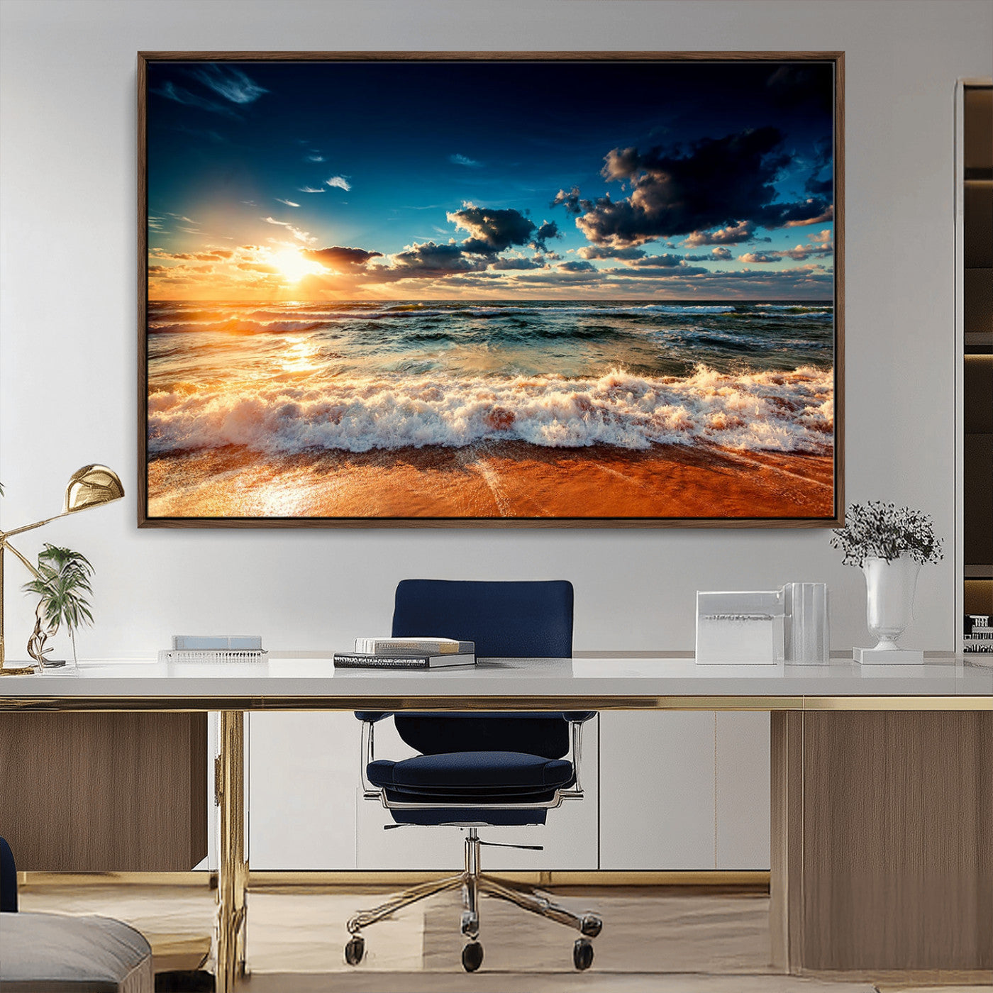 -Golden Hour Sunset Over Ocean Waves Wall Art Canvas Print | 3 Panel Coastal Landscape Canvas Wall
