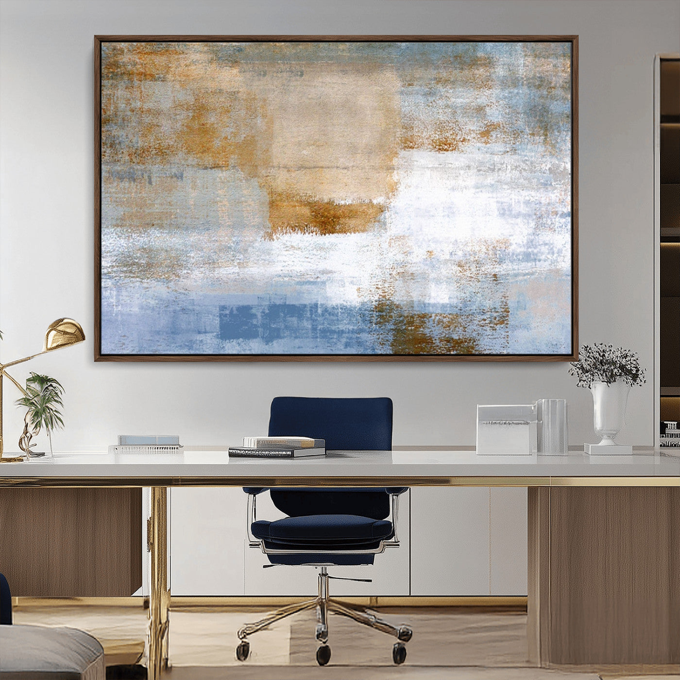 72354-MGV-CV-36X24-Blue Multi Panel Abstract Wall Art Canvas, Abstract Blue and Gold Canvas Print