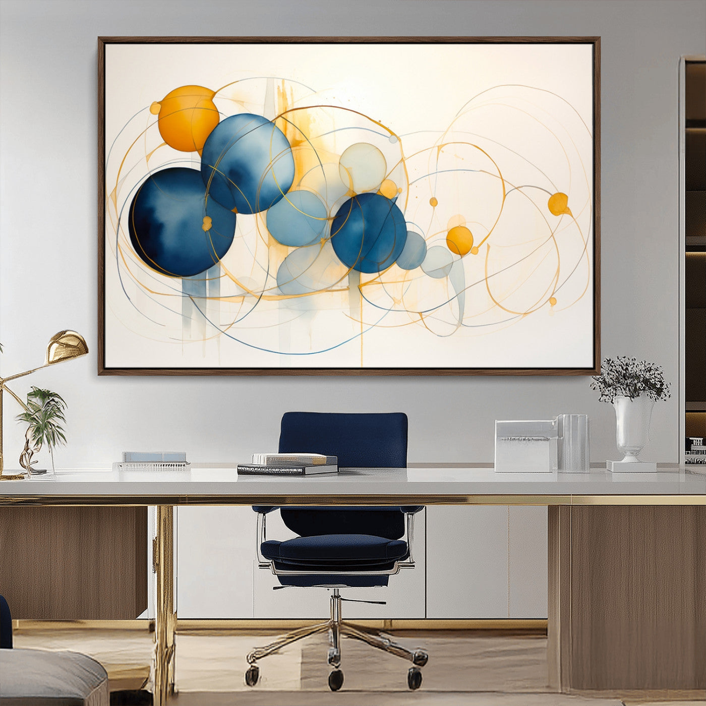 36188-MGV-FC-36X24_Walnut-Geometric Blue Orange Abstract Wall Art Canvas, Geometric Blue Orange Canvas Print