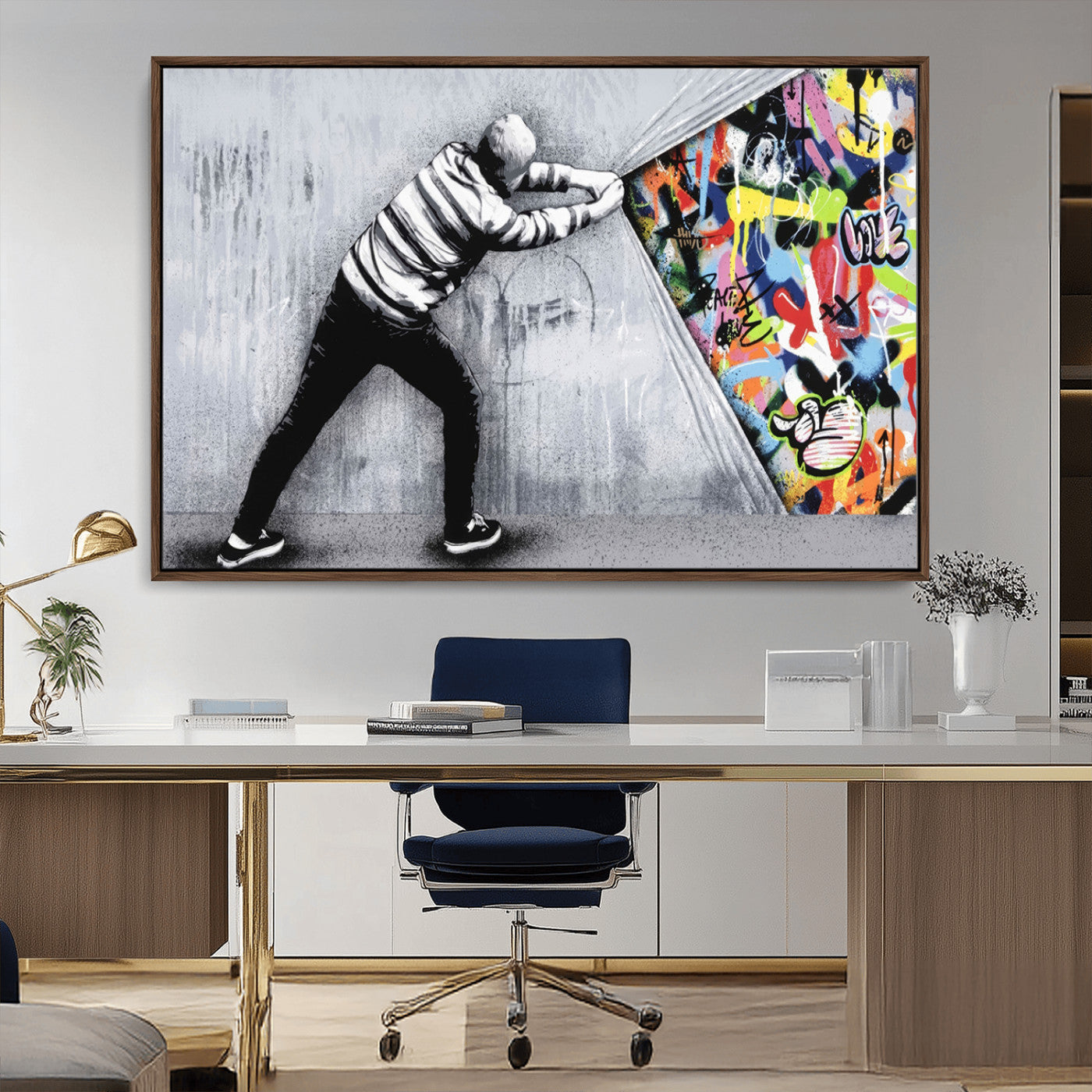 52252-MGV-CV-36X24-Banksy Art Behind the Curtain Street Wall Art Canvas Print | 3-Panel Urban Graffiti-Inspired Wall
