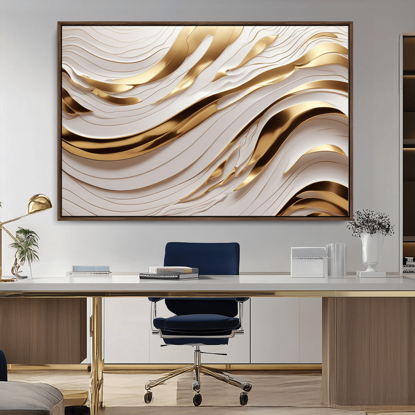 81197-MGV-CV-36X24-Gold and White Abstract Wave Canvas – Elegant Flowing Design with Luxurious Golden Accents –