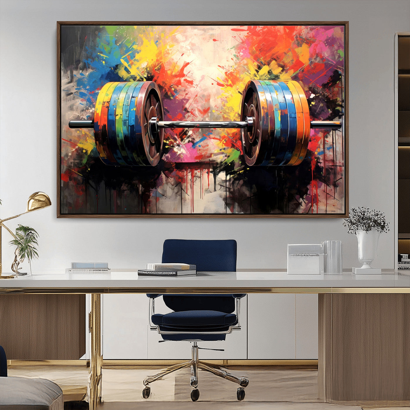 80436-MGV-CV-36X24-Weightlifting Barbell Art Triptych, Bold Abstract Fitness Wall Decor for Gym or Home, Giclee Canvas