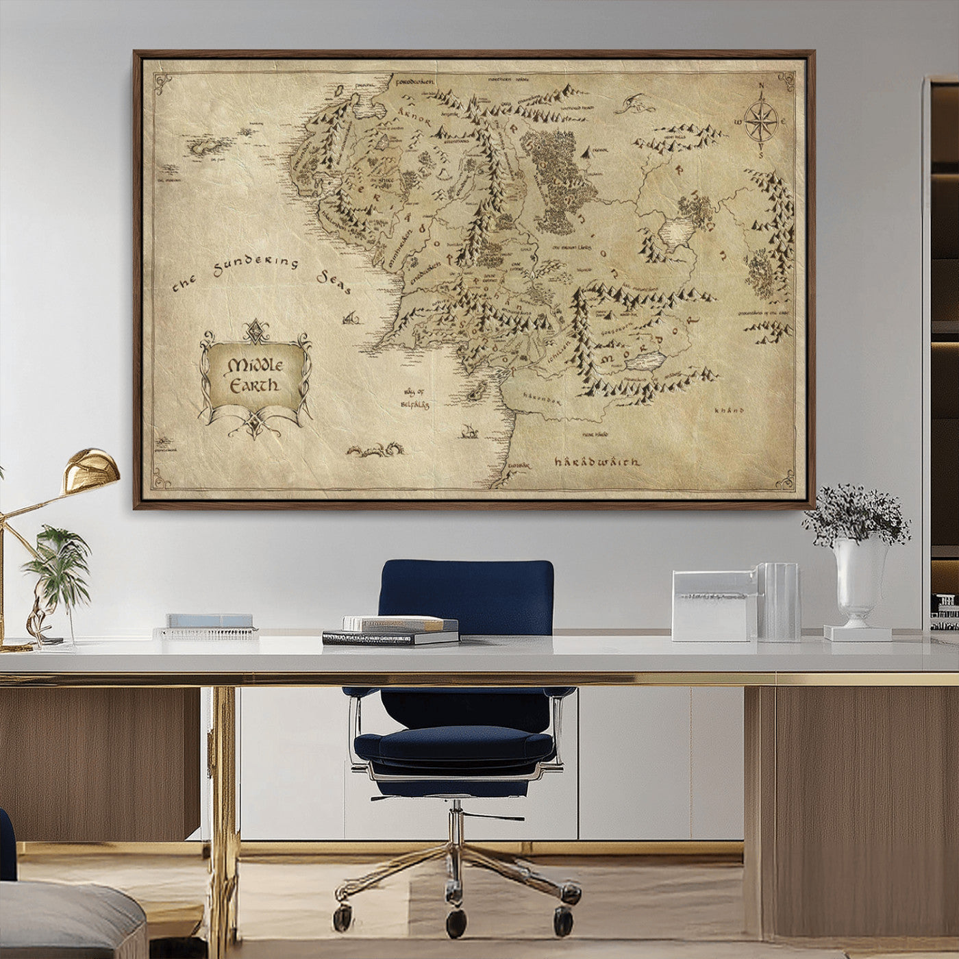 21784-MGV-CV-36X24-Vintage Middle Earth Map Wall Art Canvas – Lord of the Rings Inspired Framed Map Print, Classic Fantasy Decor for Home, Office
