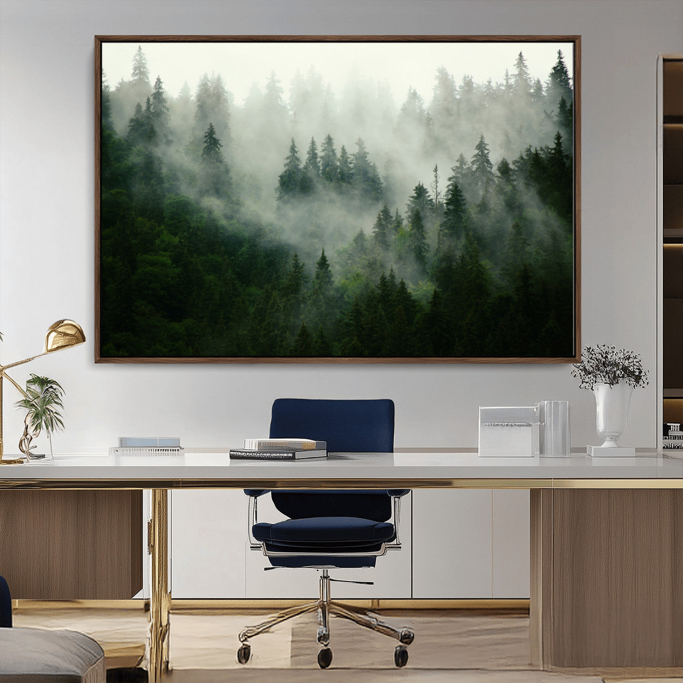 167720496-MGV-CV-36X24-Foggy Forest Wall Art – Tranquil Green Woodland Canvas Print, Serene Nature Landscape Decor for Home or Office