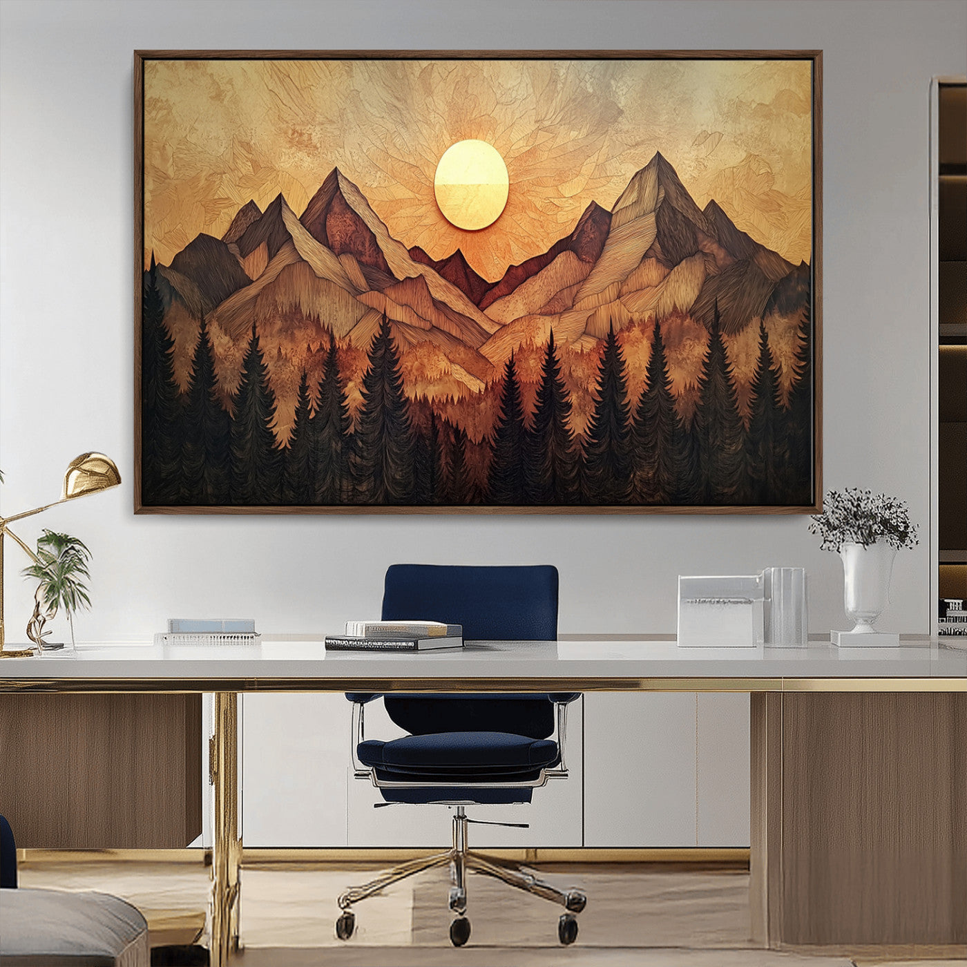 71340-MGV-CV-36X24-Wood Style Abstract Mountain Sunset Canvas Wall Art Print - Warm Earth Nature-Inspired Decor for