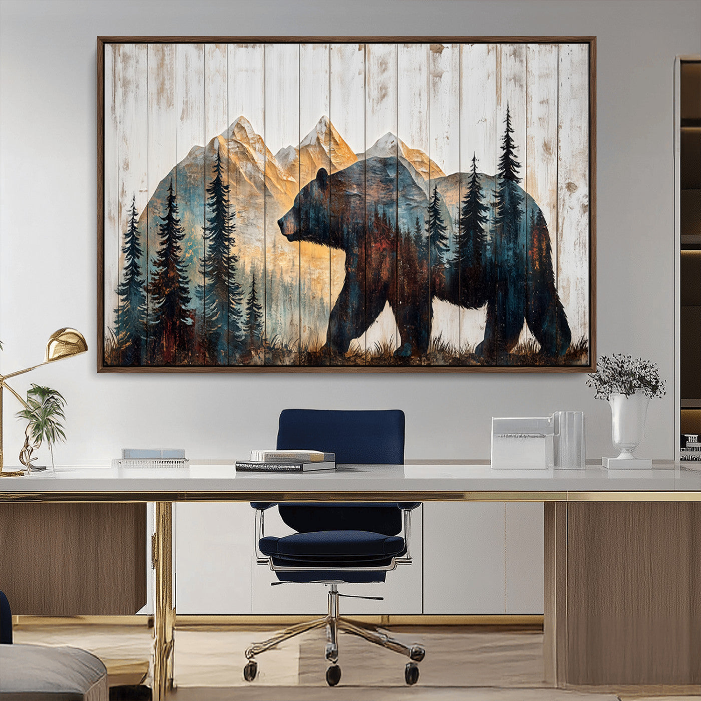90077-MGV-FC-36X24_Walnut-Rustic Bear Wall Art - Grizzly 399 Bear Wall Art - Mountain Wood Canvas Wall Art - Nature Theme