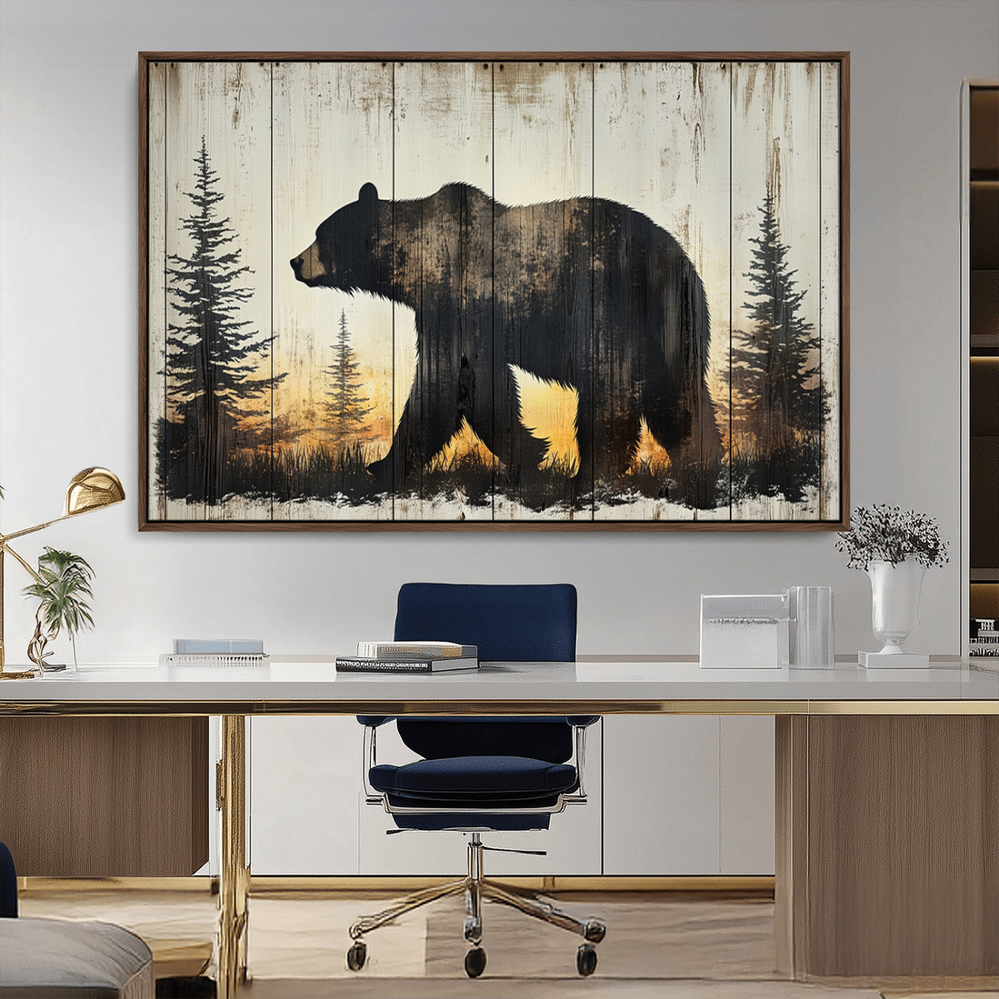 83875-MGV-CV-36X24-Vintage Bear Wall Art Canvas Print for Farmhouse - Mountain Wood Canvas Wall Art - Forest Silhouette