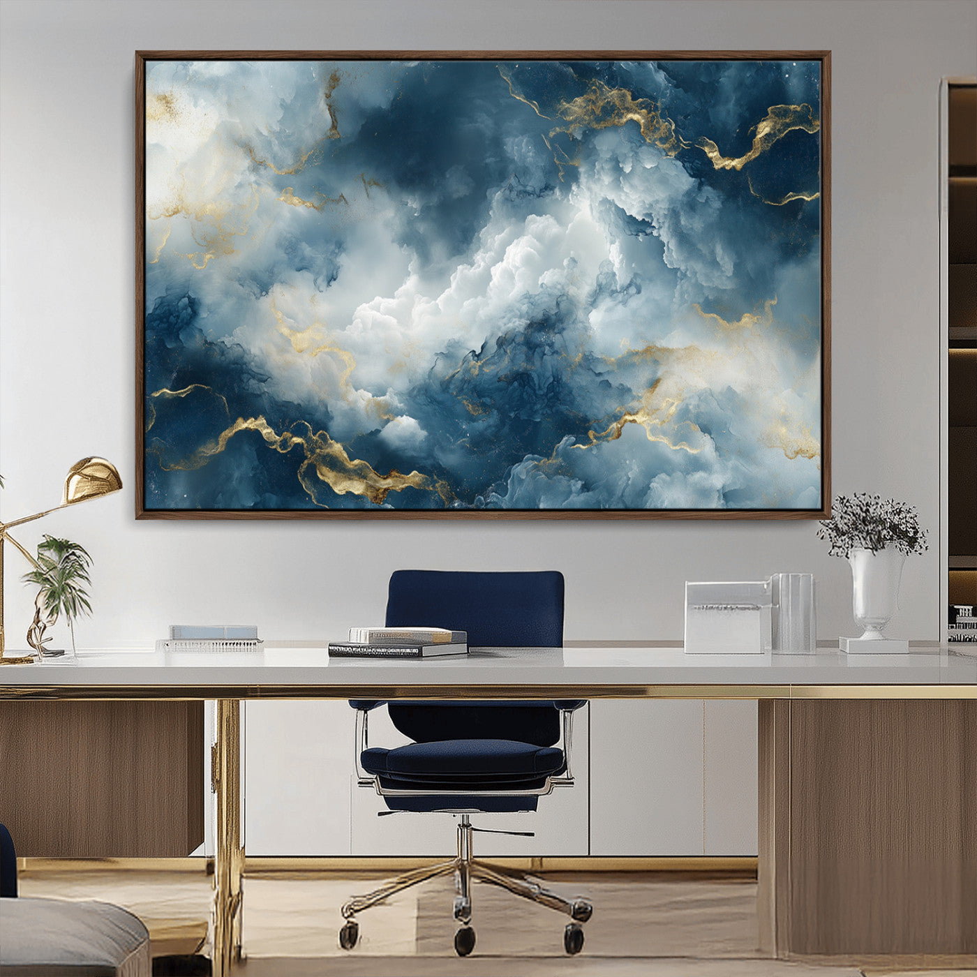 48298-MGV-CV-36X24-Large Abstract Print - Luxe Blue and Gold Abstract Canvas Wall Art - Bold Cloudscape Canvas for