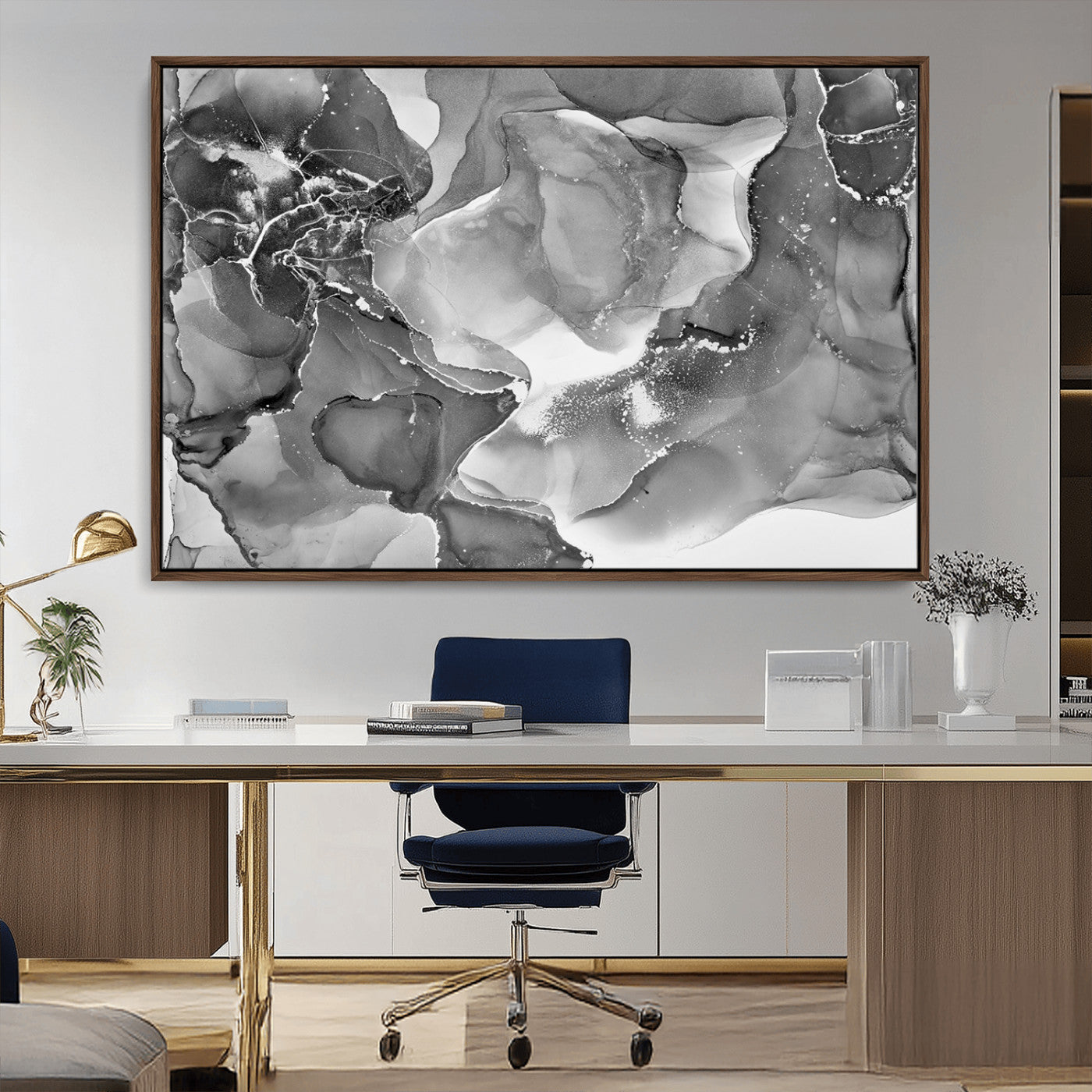 15911-MGV-CV-36X24-Black White Abstract Canvas Wall Art - Fluid Ink Artwork - Modern Luxury Wall Decor for Contemporary