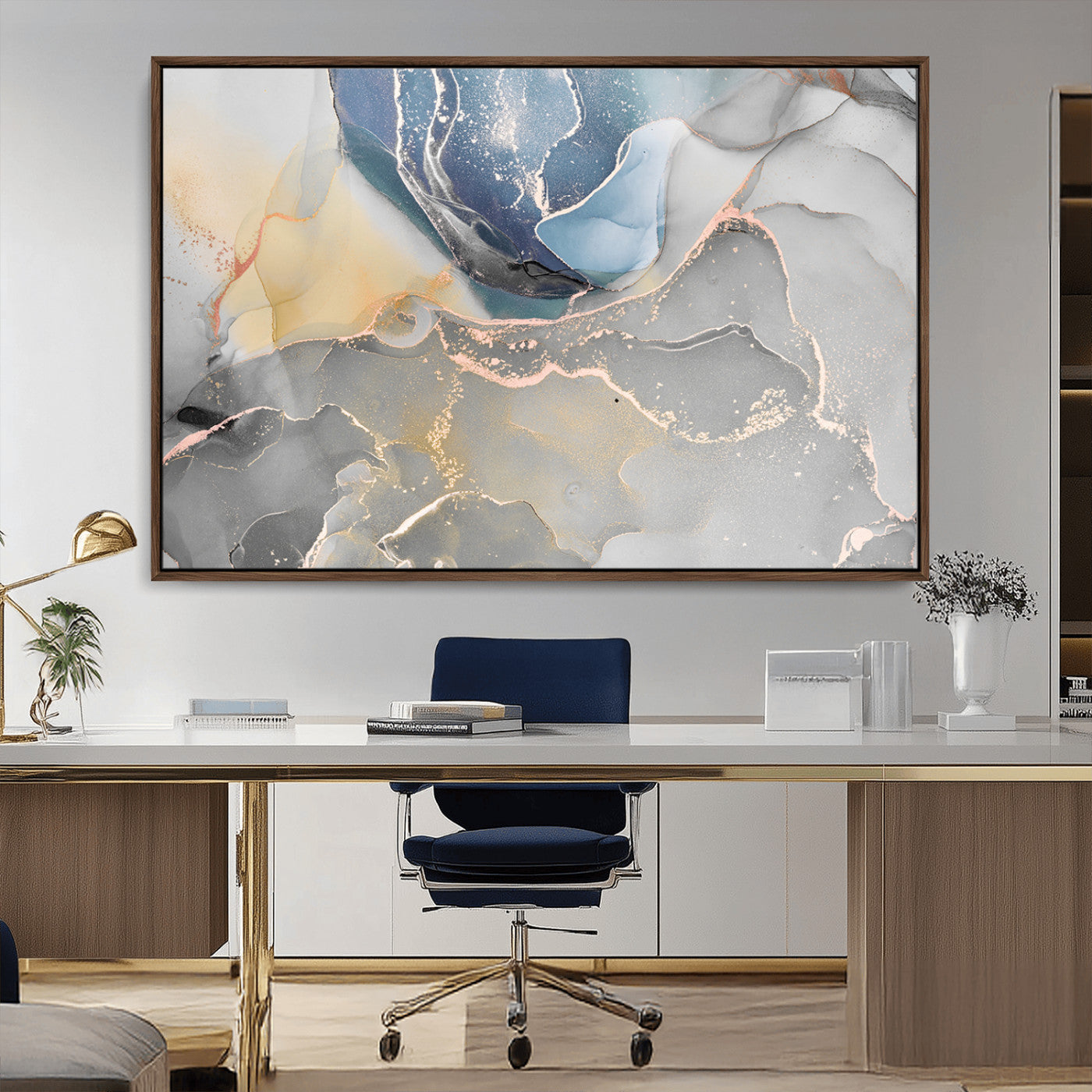 18176-MGV-CV-36X24-Large Abstract Blue and Gold Canvas Wall Art | Fluid Ink Artwork Print | Luxury Wall Decor for