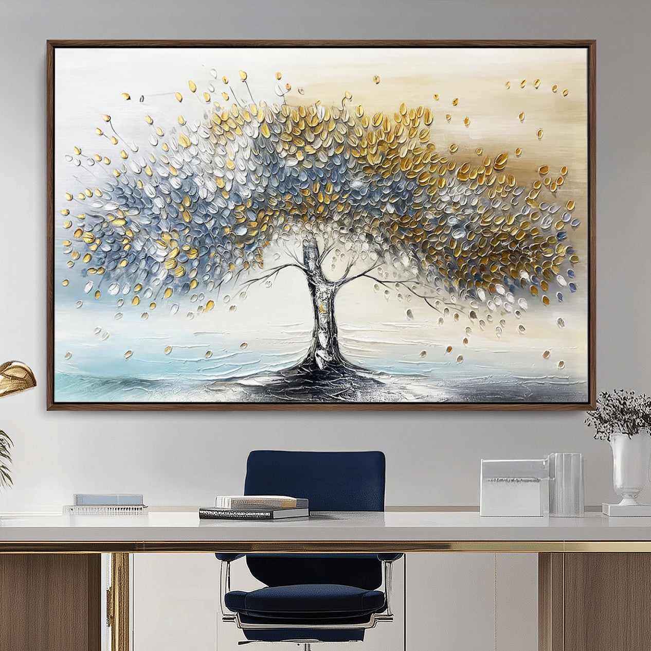 37744-MGV-CV-36X24-Golden and Silver Tree Wall Art – Framed Elegant Leaves Canvas Artwork, Modern Nature Design, Decor for Home, Office