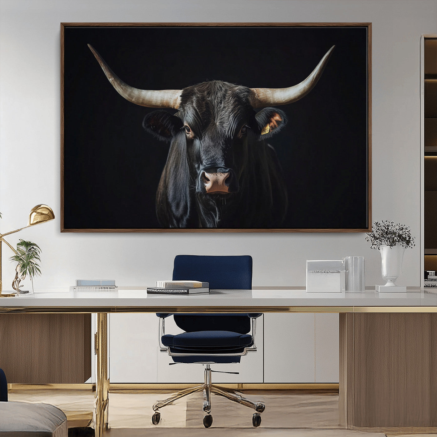 48065167-MGV-CV-36X24-Majestic Longhorn Bull Wall Art Canvas Print – Dark Background Western Ranch Portrait Artwork for Home, Office
