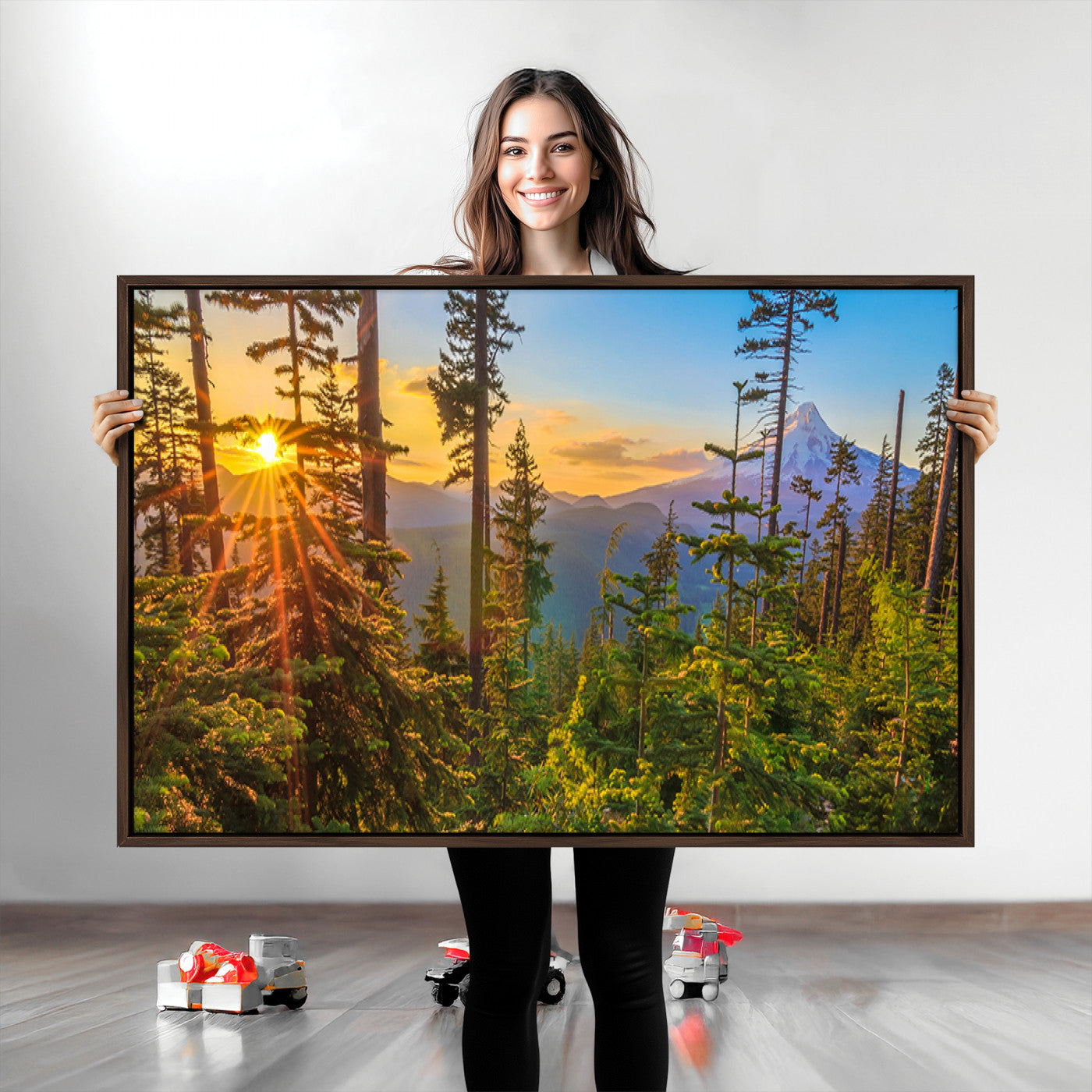 -Forest Sunset Wall Art Canvas Print, Framed Sunset Trees Art Picture Print, Green Pines Perfect