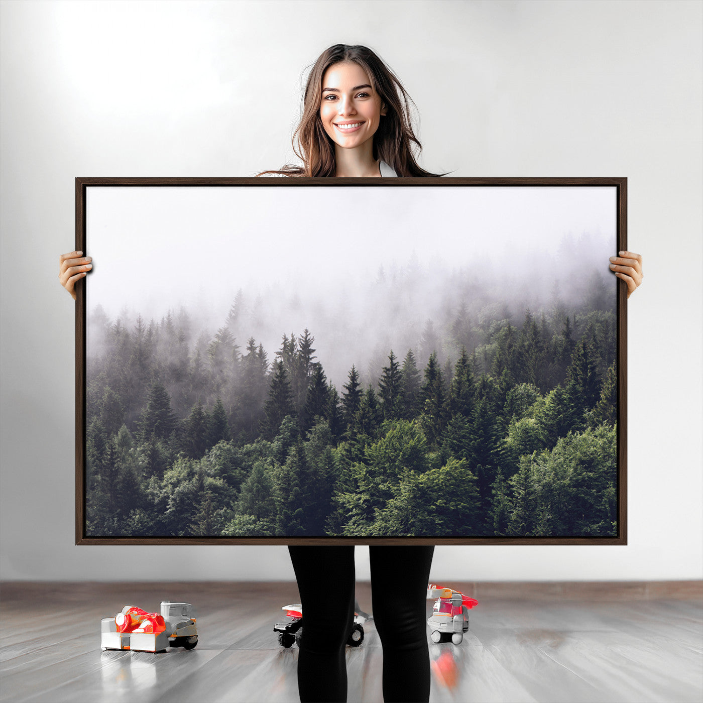 -Misty Forest Wall Art Canvas Print, Framed Foggy Pines Art Picture Print, Pine Valley Perfect Moody