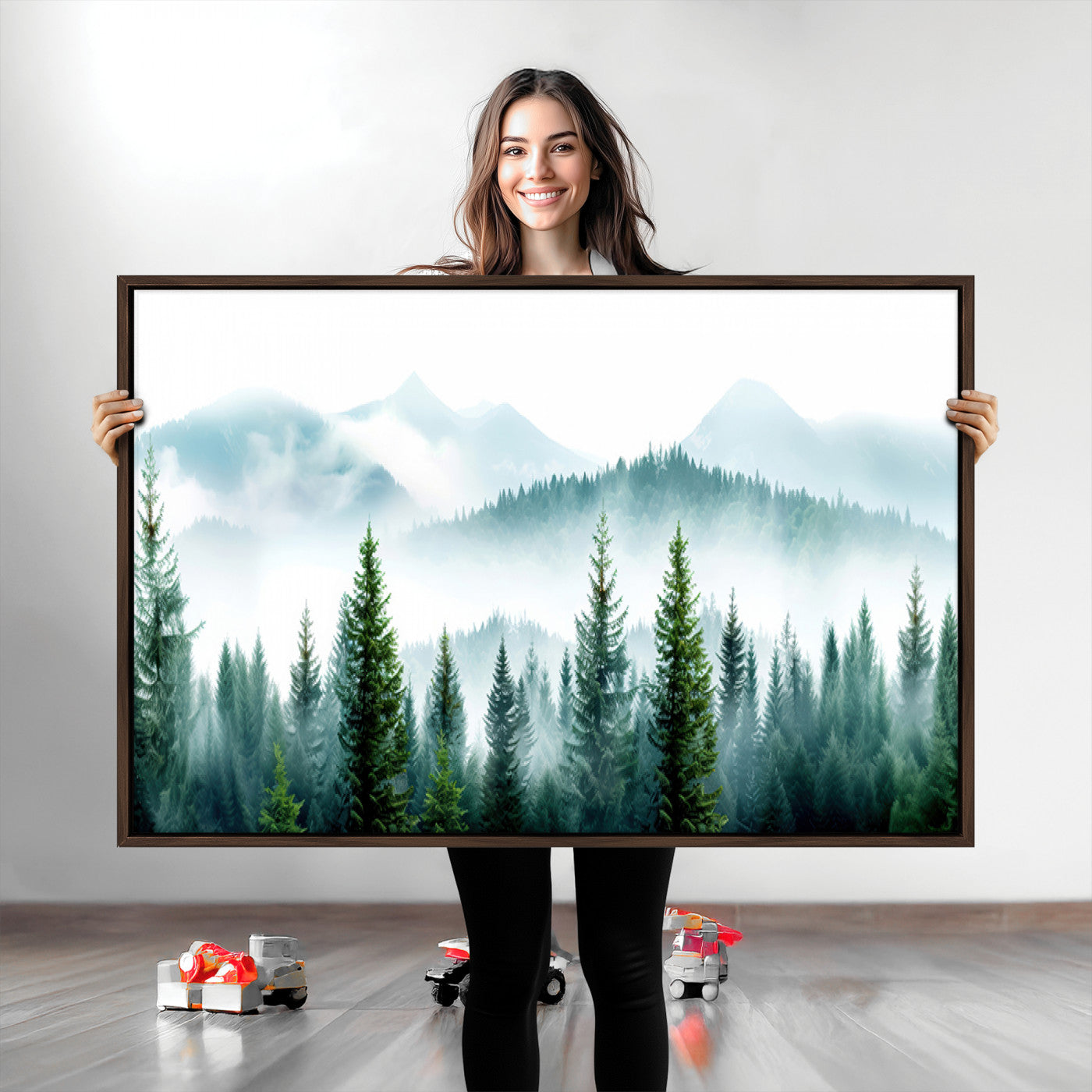 -Pine Forest Wall Art Canvas Print, Framed Misty Mountains Art Picture Print, Foggy Trees Perfect