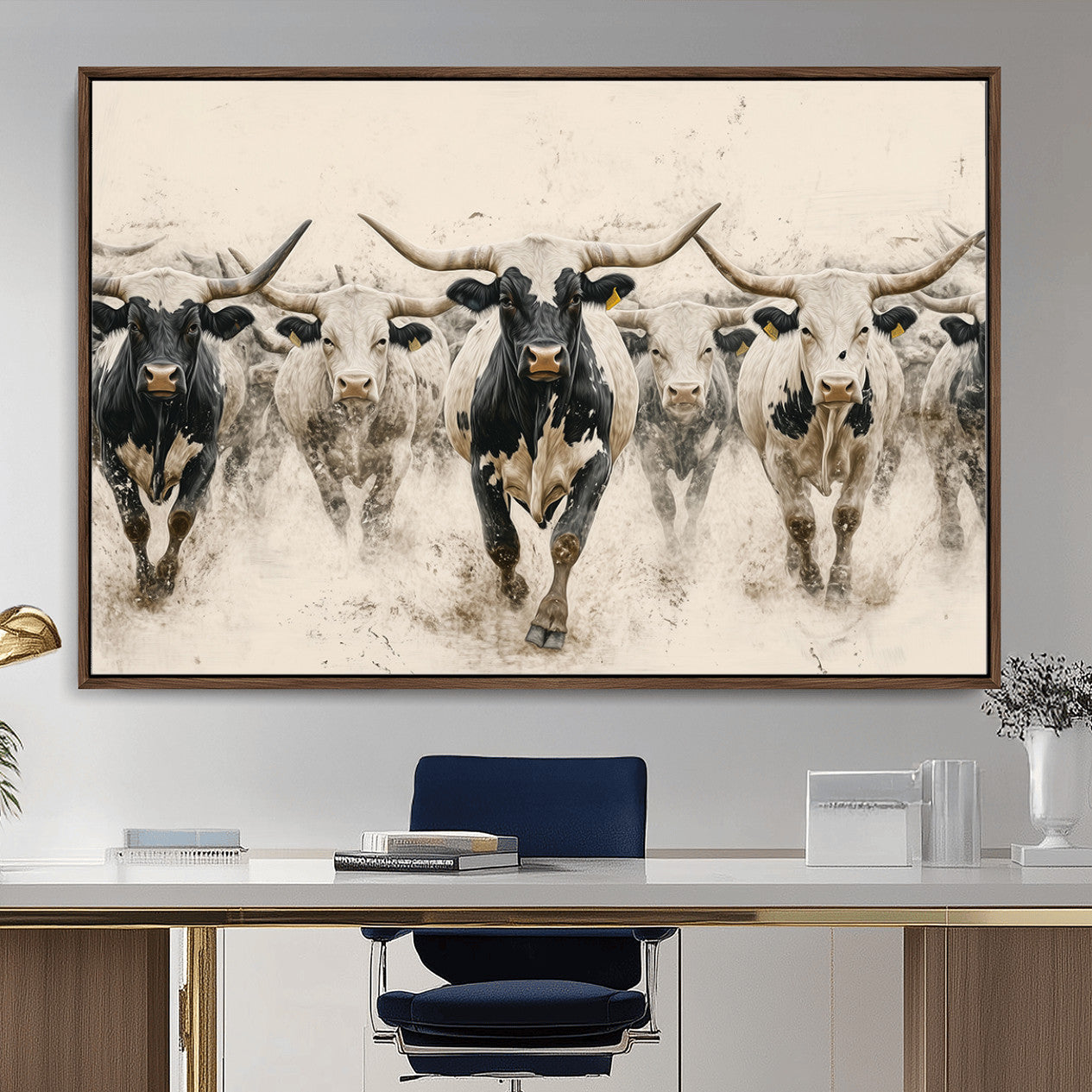 MGV-FC-36X24 - Cream Dust Longhorn Wall Art – Canvas Print of Western Herd Stampede, Dynamic Charge, Rustic Prairie Motion, Bold Nature Farm Decor