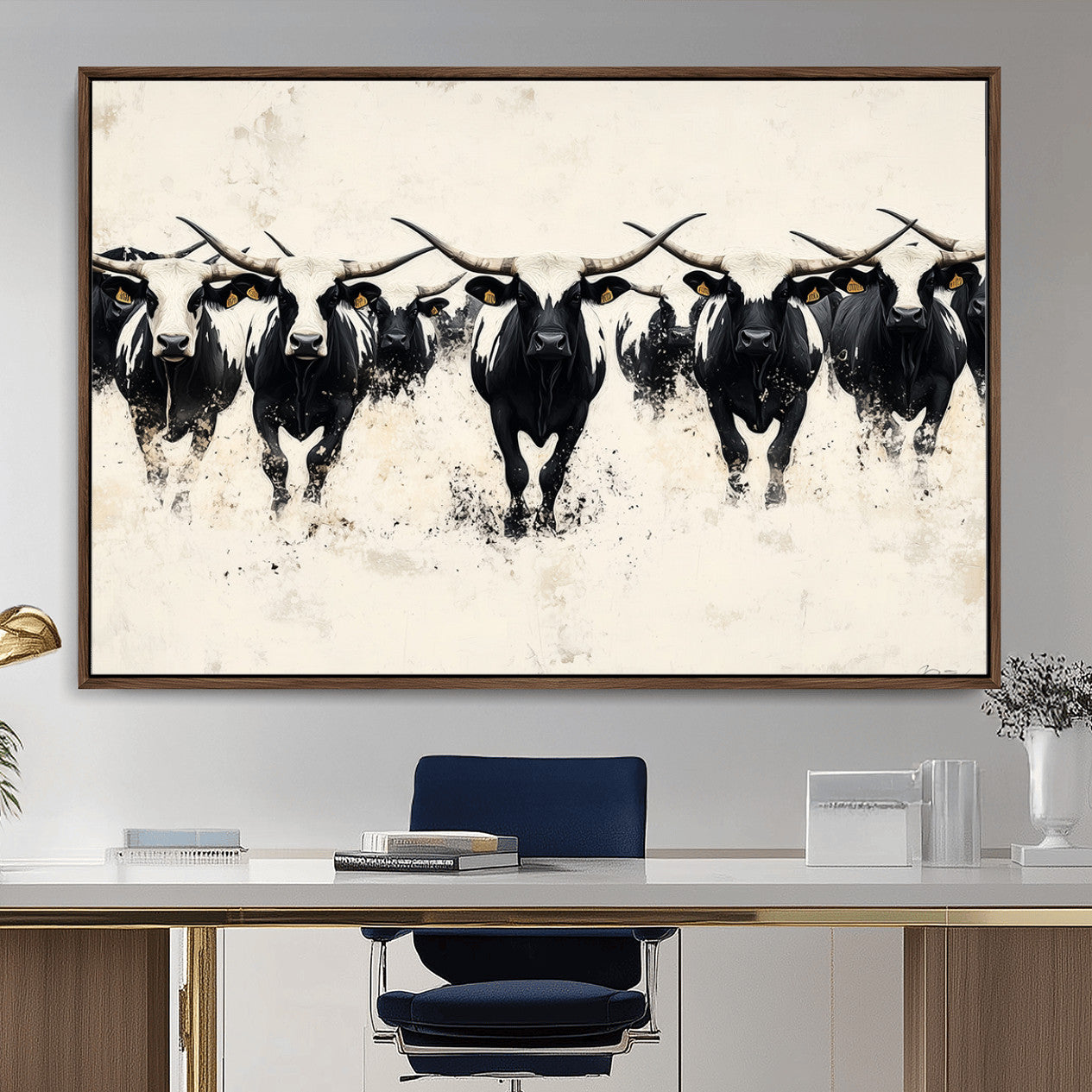 MGV-FC-36X24 - Longhorn Cattle Wall Art – Canvas Print of Herd in Motion, Symmetry and Ink Splatter, Minimalist Western Ranch, Bold Rustic Farm Decor
