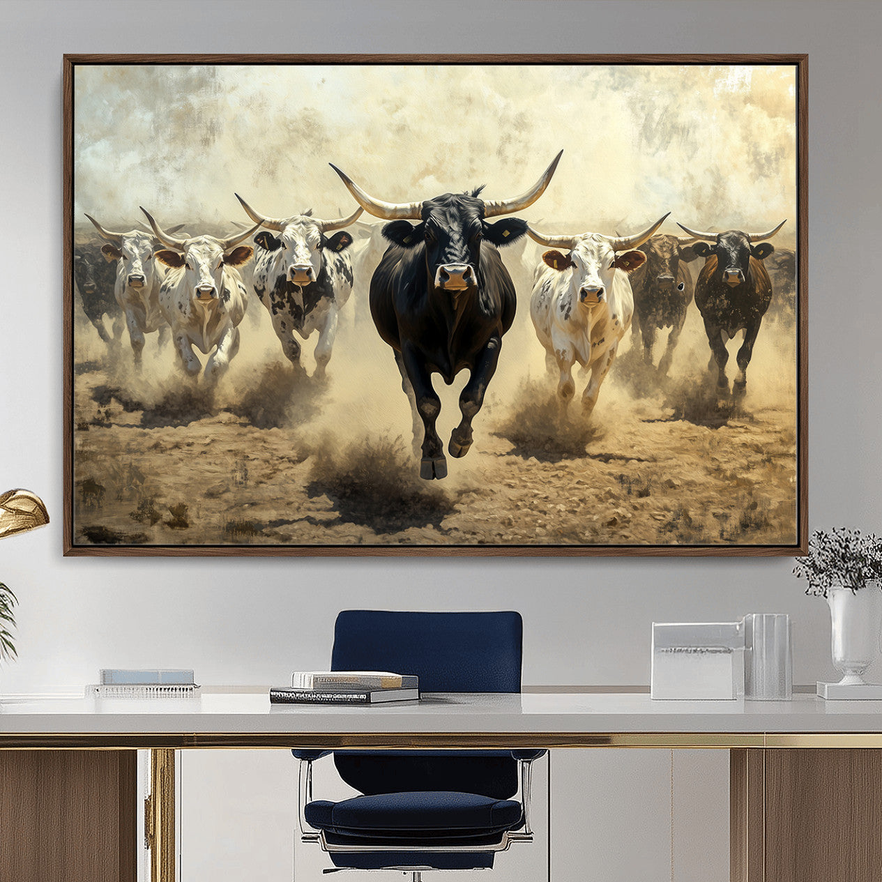 MGV-FC-36X24 - Running Cattle Wall Art – Canvas Print of Western Herd, Dust Stampede, Longhorns, Wild West Ranch, Bold Rustic Farm Decor for Home or Office