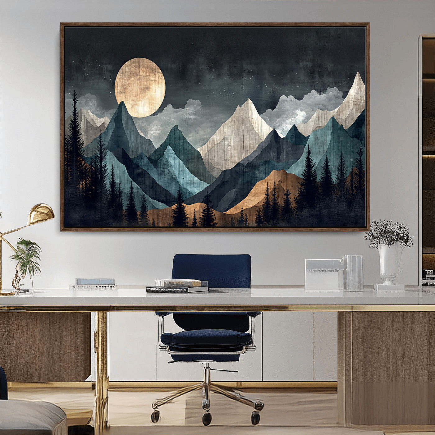 11060882-MGV-CV-36X24-Moonlit Mountain Wall Art Canvas Print – Silhouetted Pines Layered Peaks Tranquil Sky Mist Silver Light Nature Artwork for Home