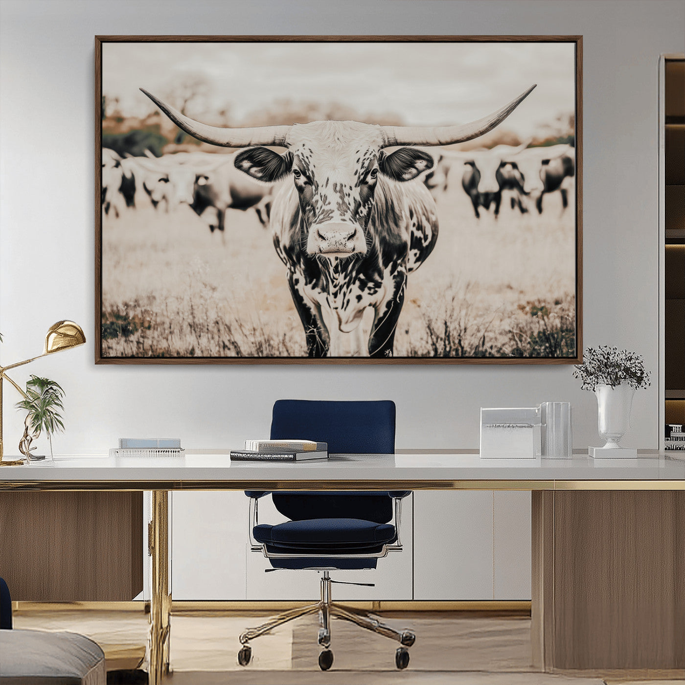 -Texas Longhorn Wall Art Canvas Print, Framed Speckled Cow Art Picture Print, Horned Cattle Perfect Rustic Western Decor Artwork