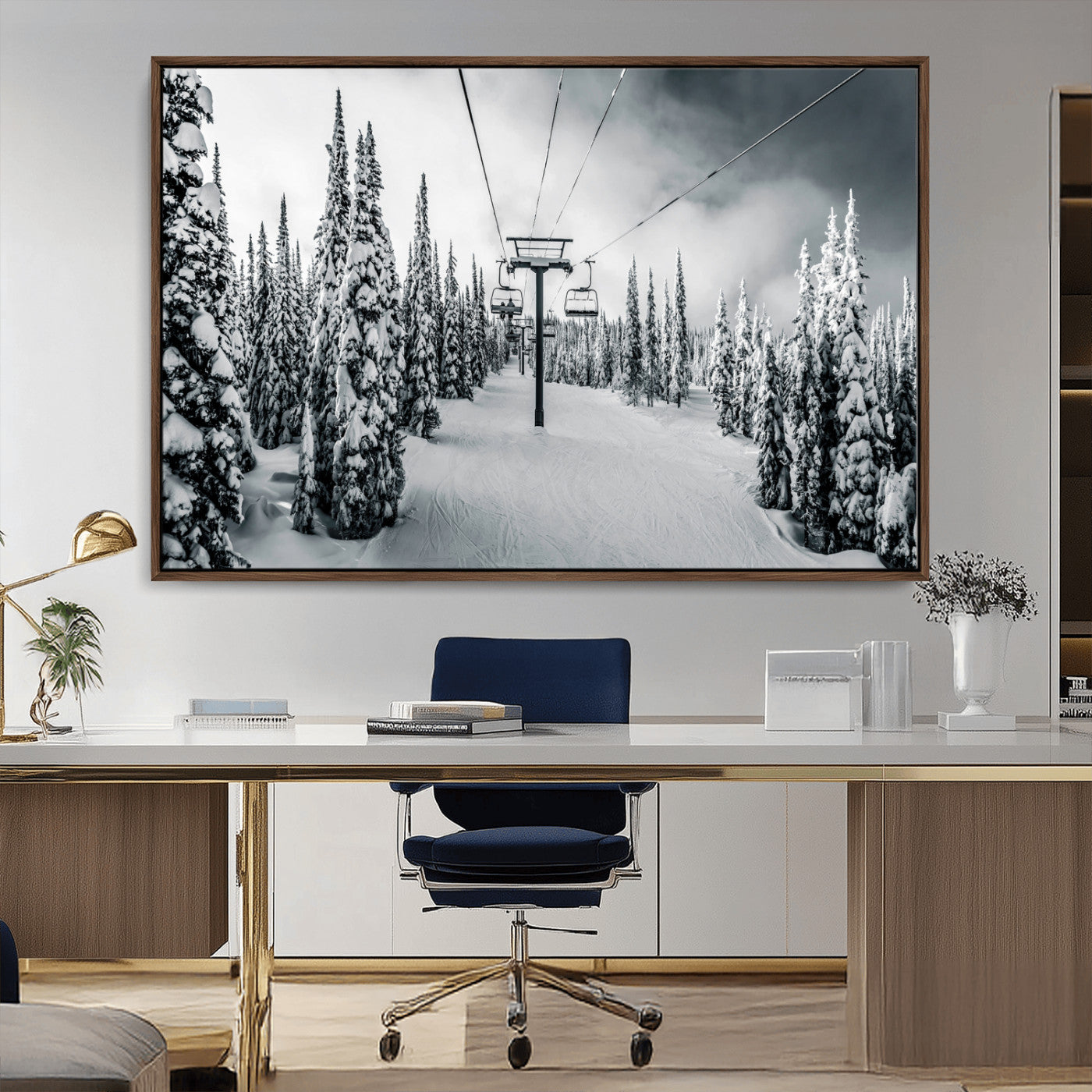 31156828-MGV-CV-36X24-Snowy Pines Wall Art Canvas Print – Framed Ski Lift Winter Forest Snowy Landscape Moody Lodge Artwork for Home, Office