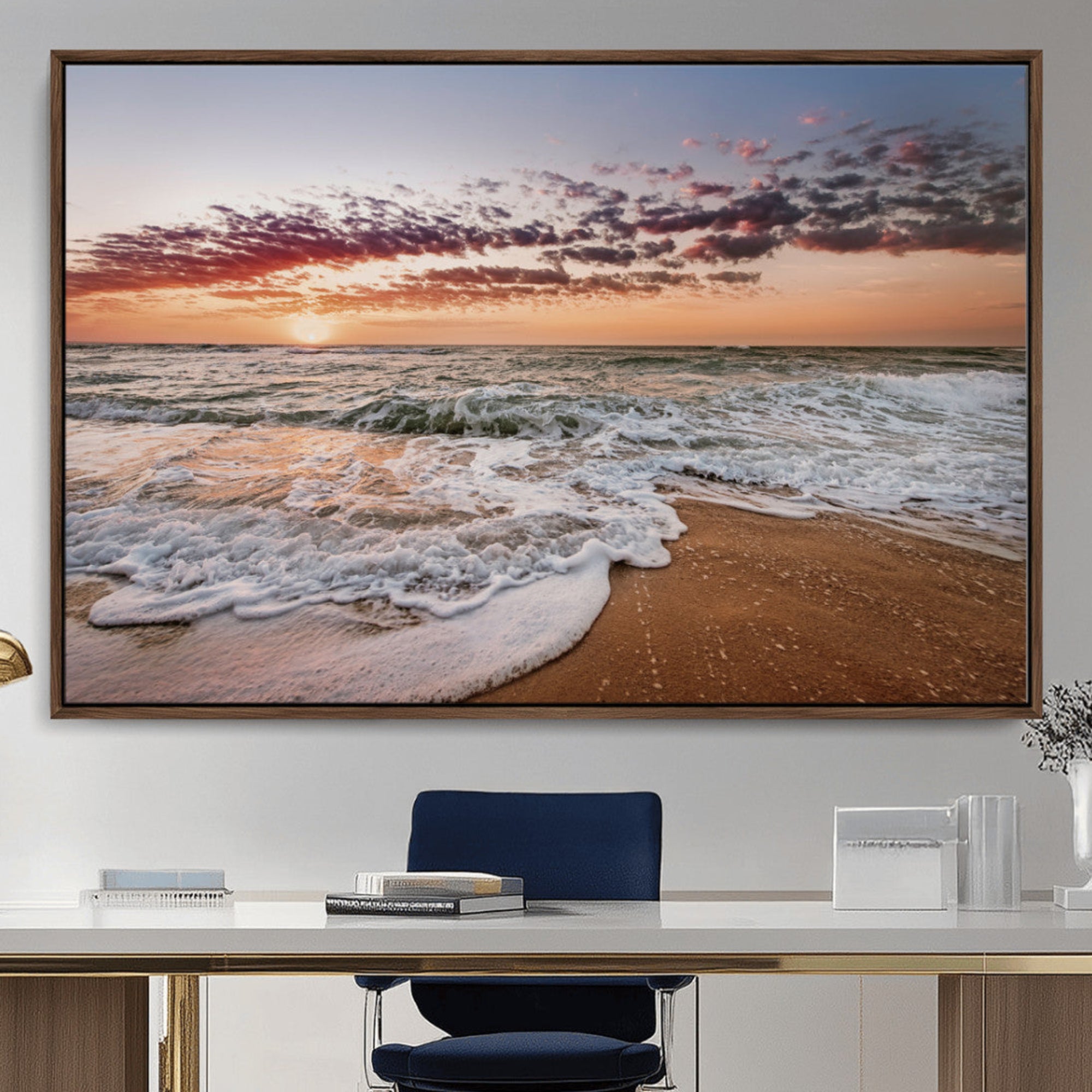 39846389-MGV-CV-36X24-Ocean Sunset Wall Art Canvas Print – Framed Sandy Shore Gentle Waves Coastal Landscape Minimalist Artwork for Home, Office