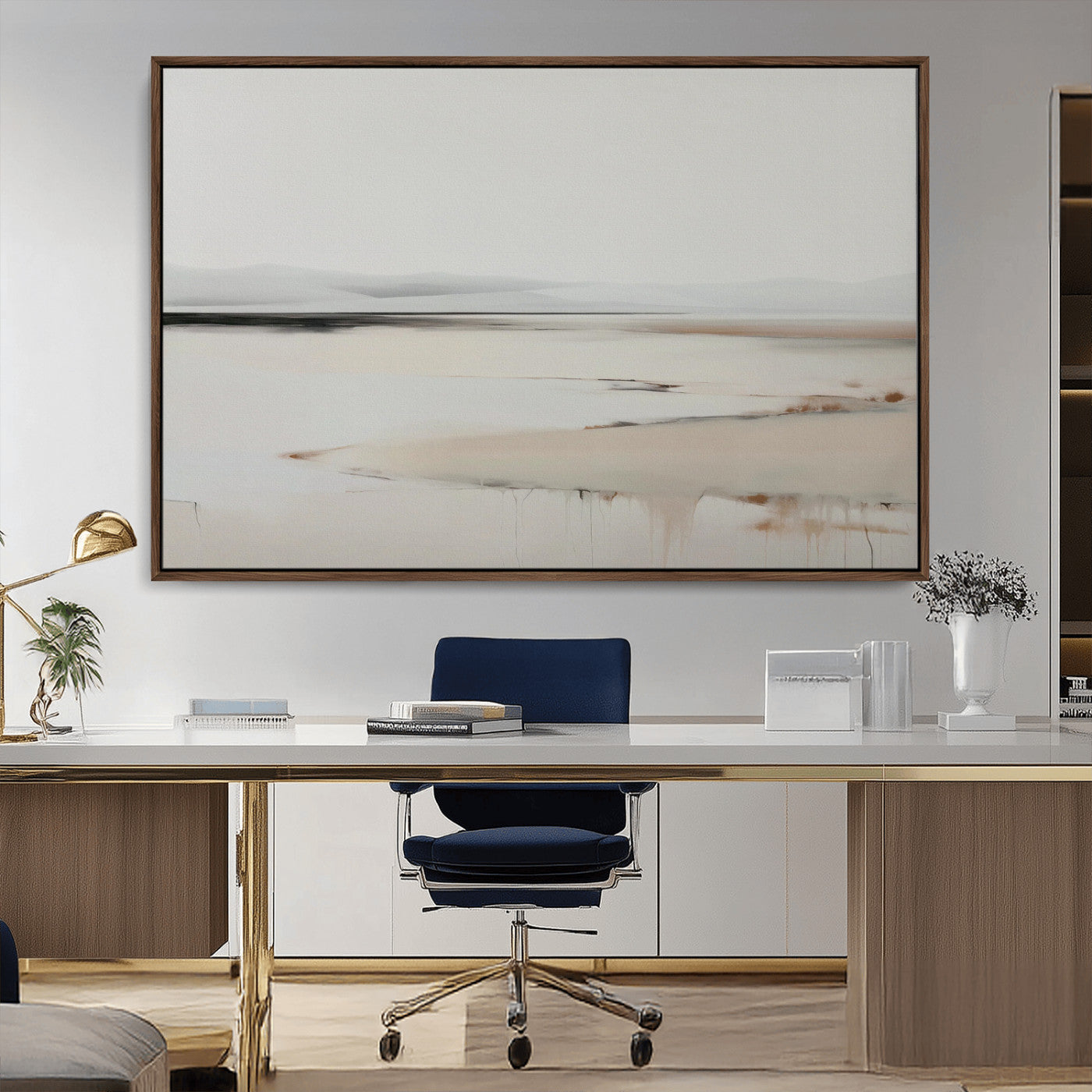 89410095-MGV-CV-36X24-Minimalist Landscape Wall Art Canvas Print – Framed Soft Horizon Abstract Seascape Earthy Tones Artwork for Home Office