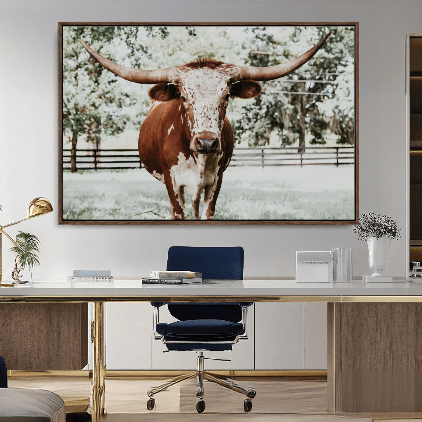 -Texas Longhorn Wall Art Canvas Print, Framed Spotted Cow Art Picture Print, Horned Cattle Perfect Rustic Western Decor Artwork