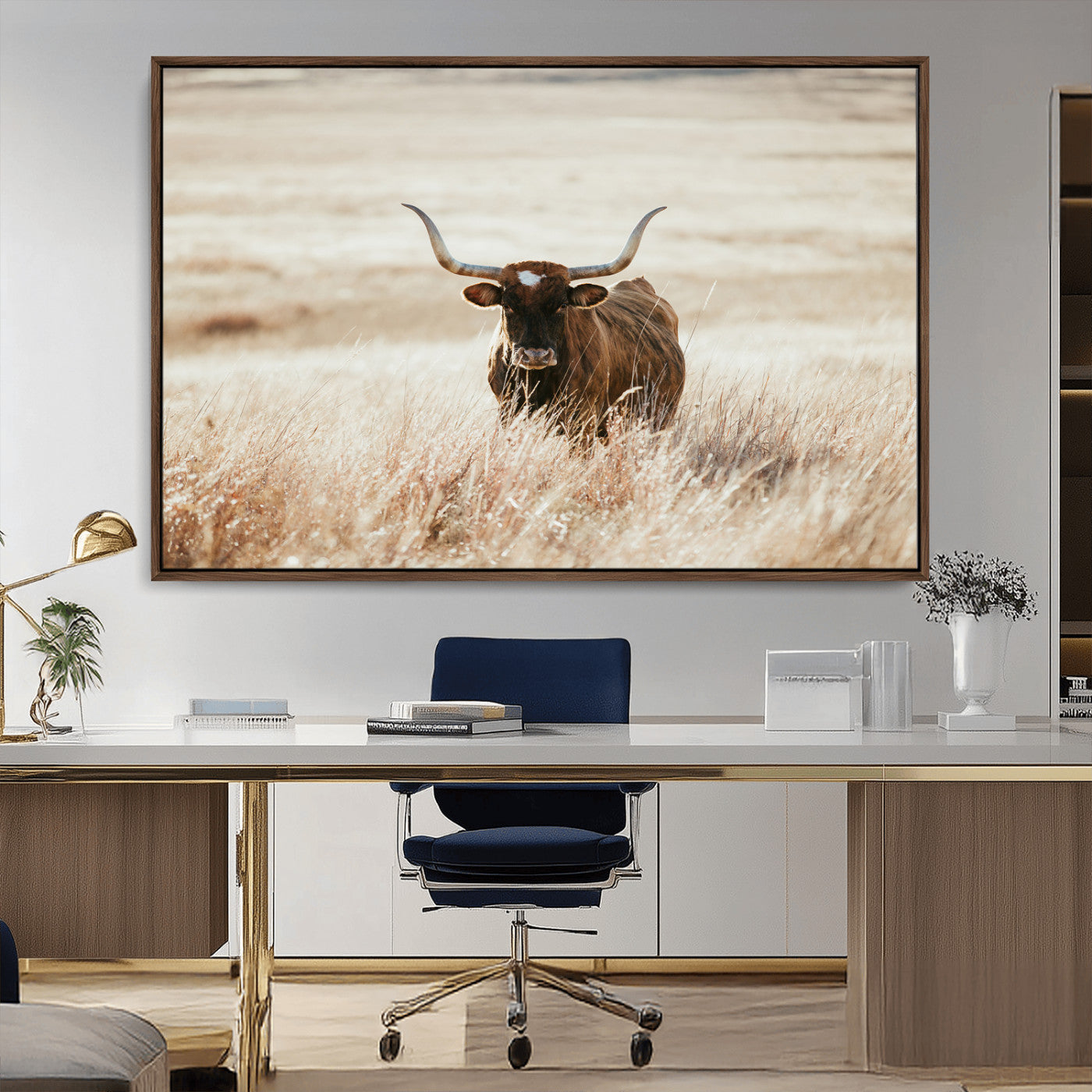 -Texas Longhorn Wall Art Canvas Print, Framed Brown Cattle Art Picture Print, Horned Bull Perfect Rustic Western Decor Artwork